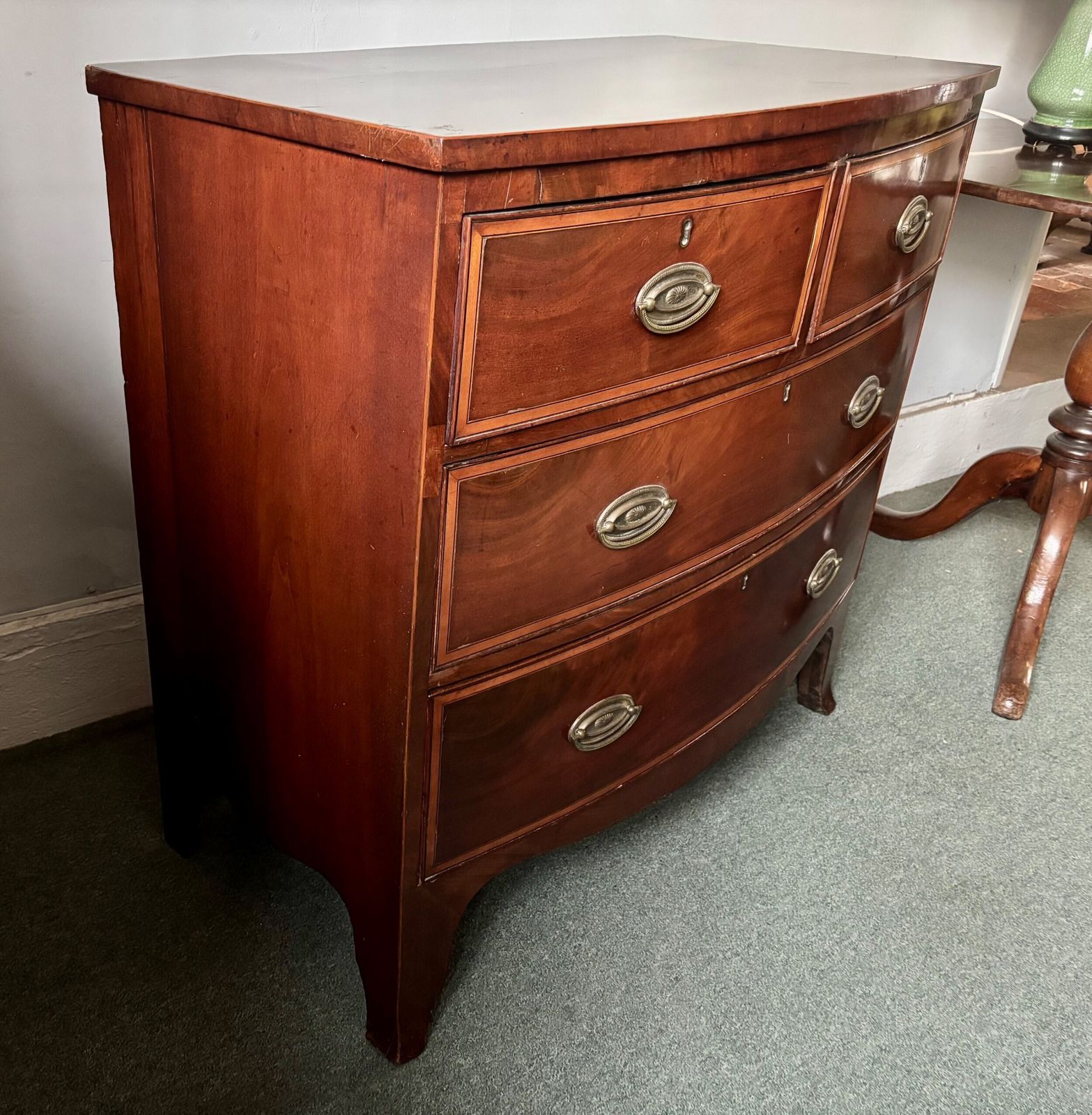 Regency Mahogany And Satinwood Inlaid Small Bow Front Chest Of Drawers photo vintage