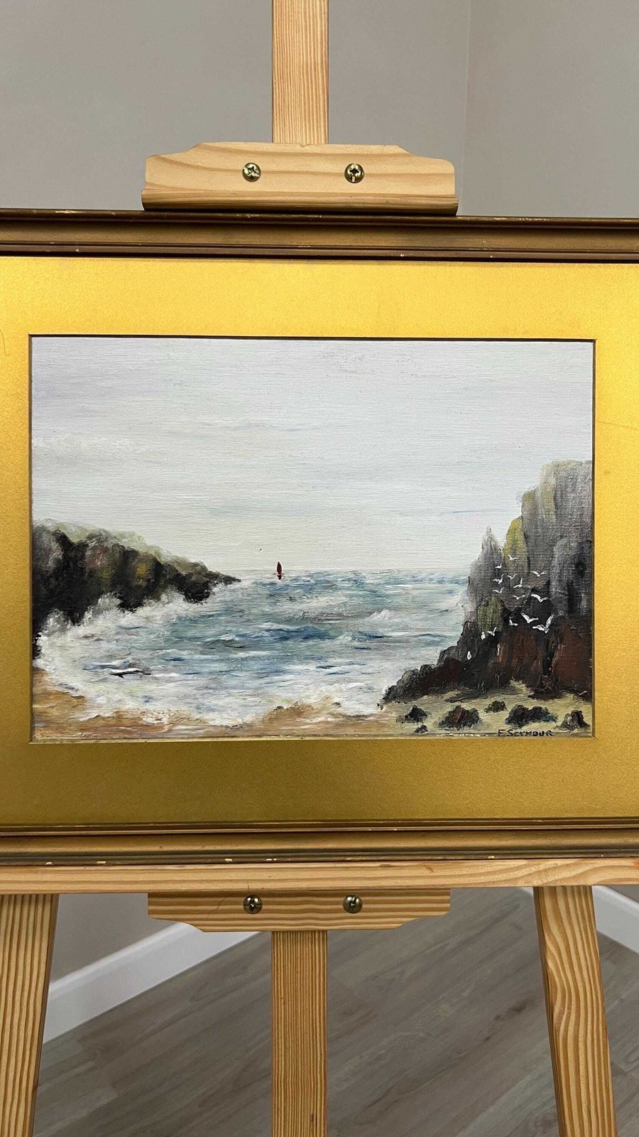 Early 1900s Signed F. Seymour Oil On Board Coastal Seascape Painting Vintage Marine Picture photo furniture