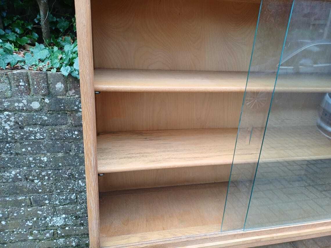 photo buy Vintage 1960s Mid Century Oak Display Cabinet Two Piece Bookcase Sliding Glass Doors Adjustable Shelves Retro