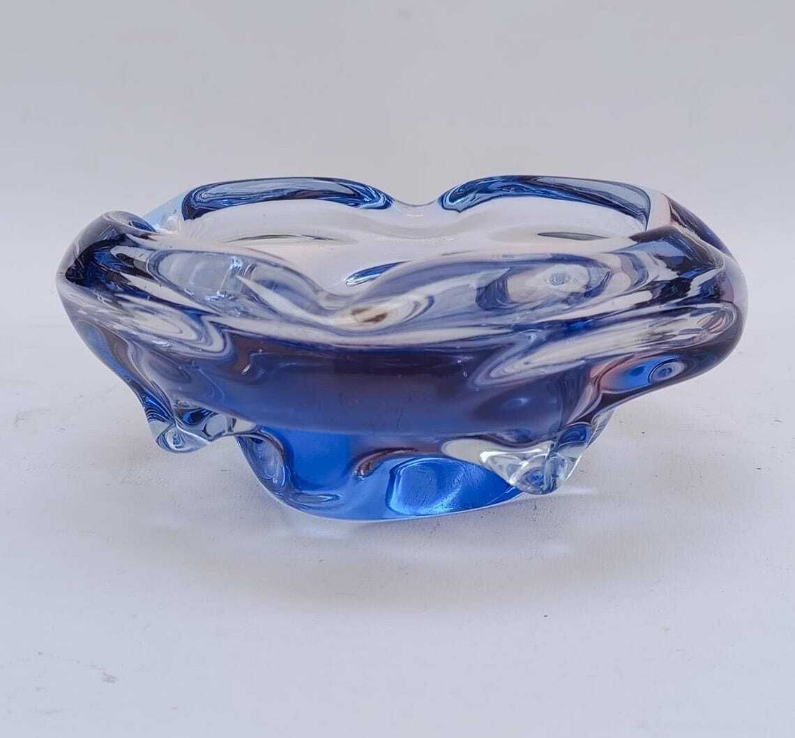 Round Ashtray In Transparent Blue Murano Glass, Vintage Space Age Design photo Home Decor