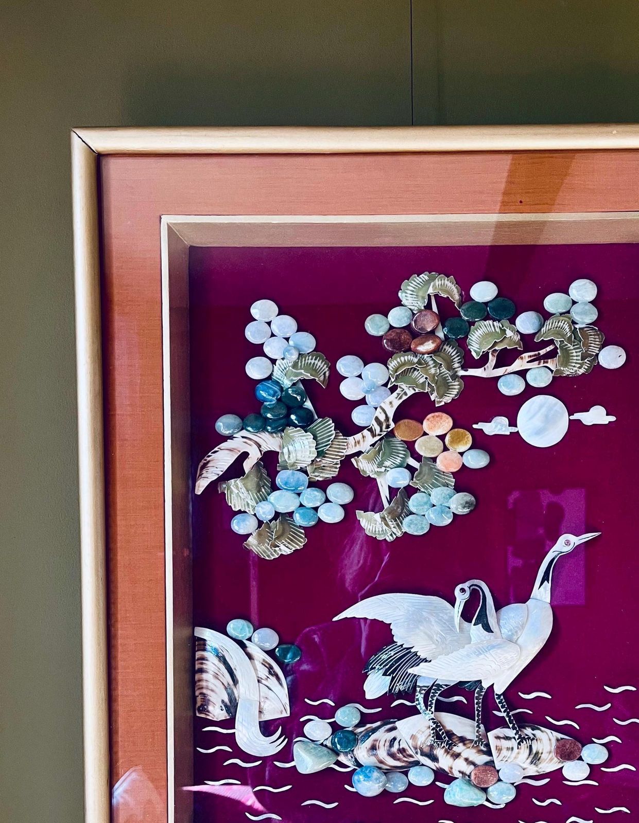 Vintage Japanese Shell Art Framed Crane Picture Chinoiserie Wall Decor photo for sale