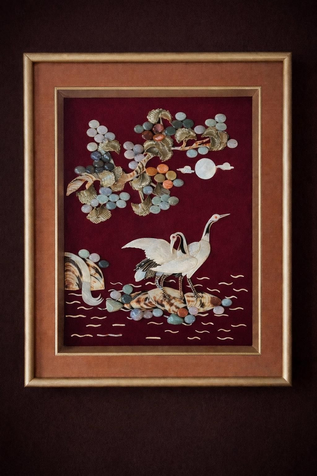 Vintage Japanese Shell Art Framed Crane Picture Chinoiserie Wall Decor photo buy