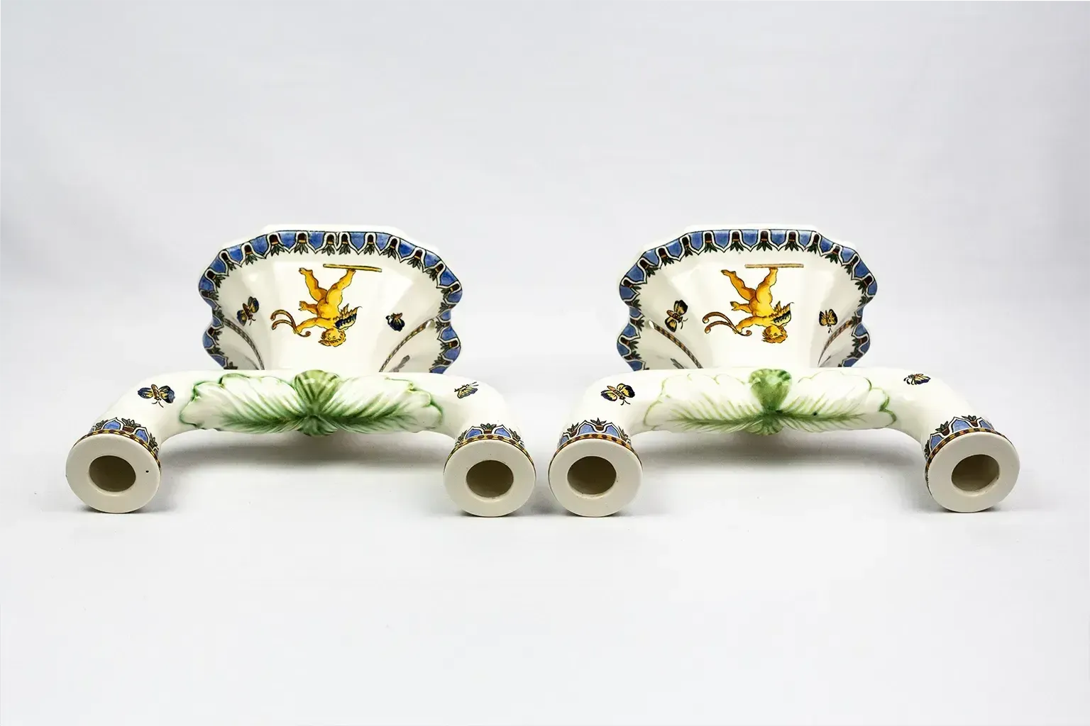 photo furniture Pair Of Renaissance Style Earthenware Candlesticks – Gien Pottery Factory, 1970s