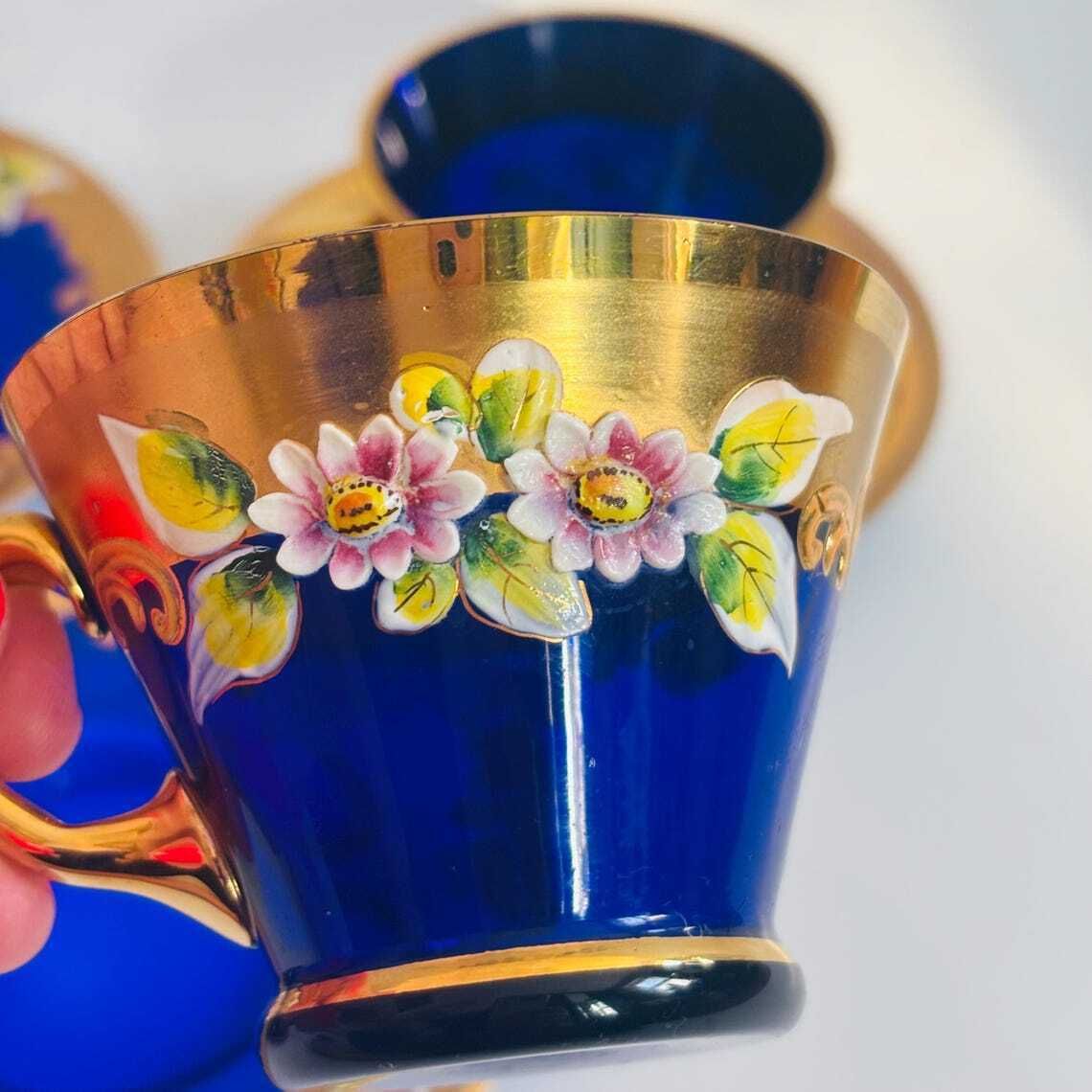 Vintage Venetian Italian Murano Cobalt Blue Glass Tea Cups & Saucers | 24k Gold Floral Enamel photo for sale