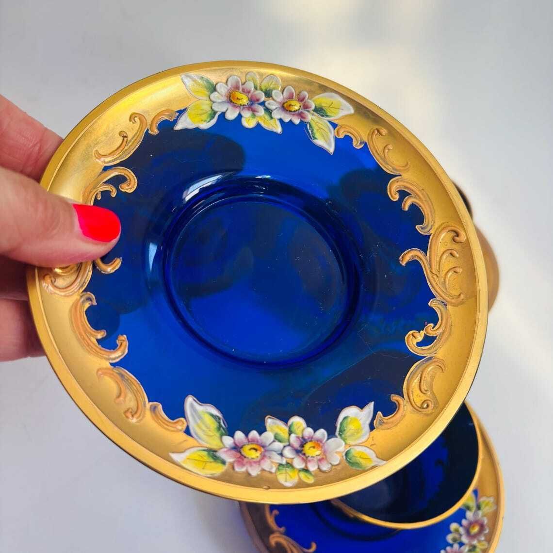 Vintage Venetian Italian Murano Cobalt Blue Glass Tea Cups & Saucers | 24k Gold Floral Enamel photo buy