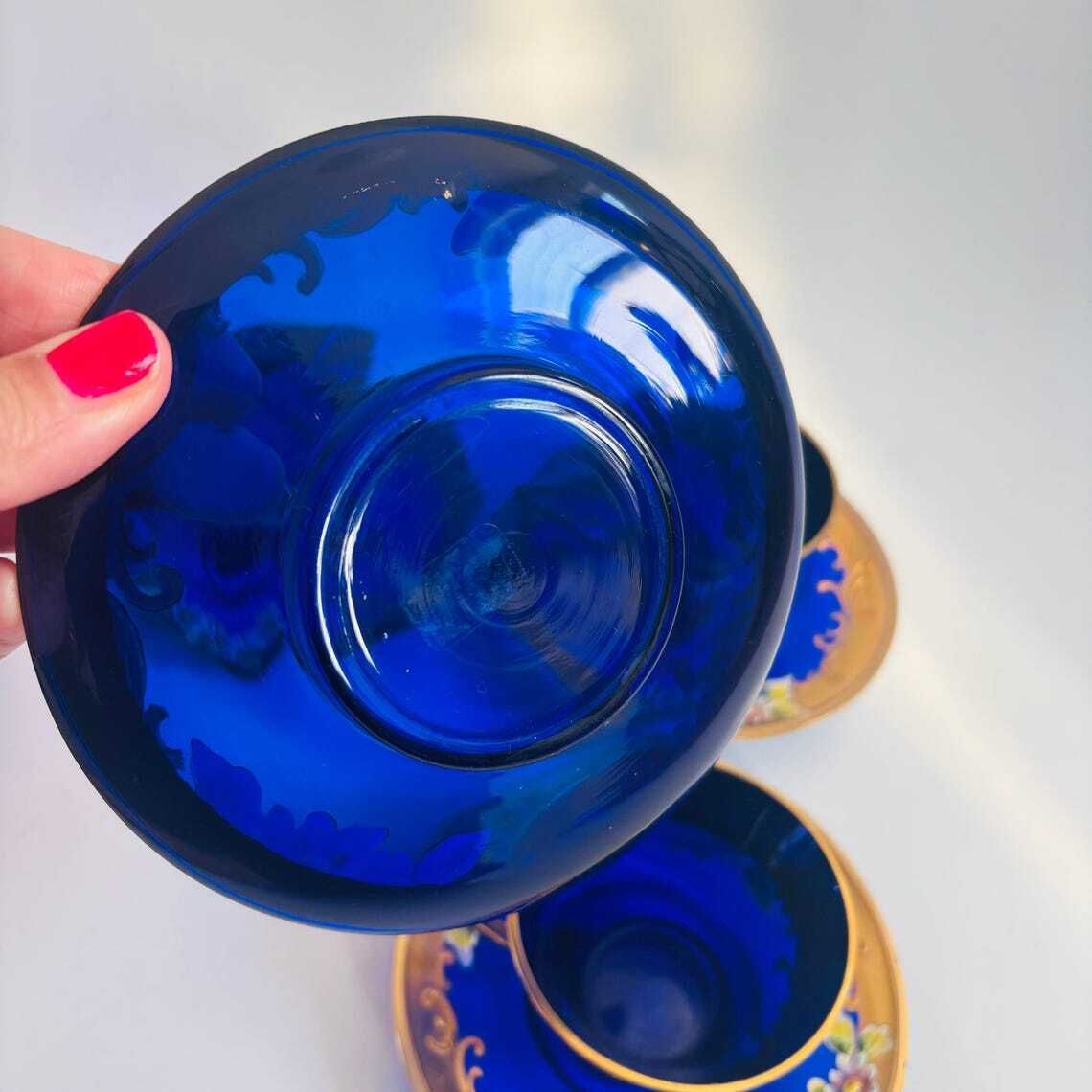 Vintage Venetian Italian Murano Cobalt Blue Glass Tea Cups & Saucers | 24k Gold Floral Enamel photo vintage