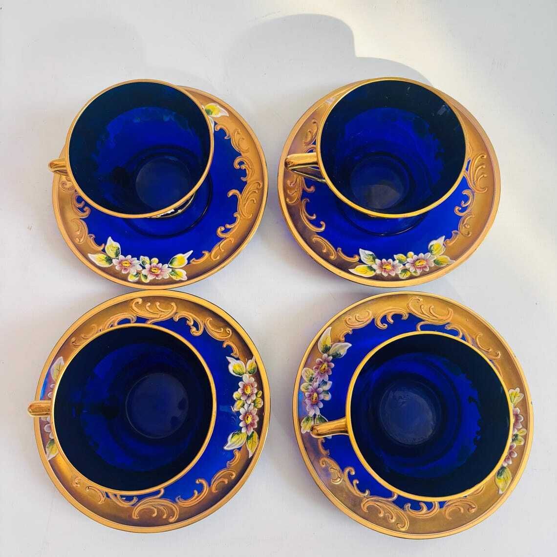 photo furniture Vintage Venetian Italian Murano Cobalt Blue Glass Tea Cups & Saucers | 24k Gold Floral Enamel