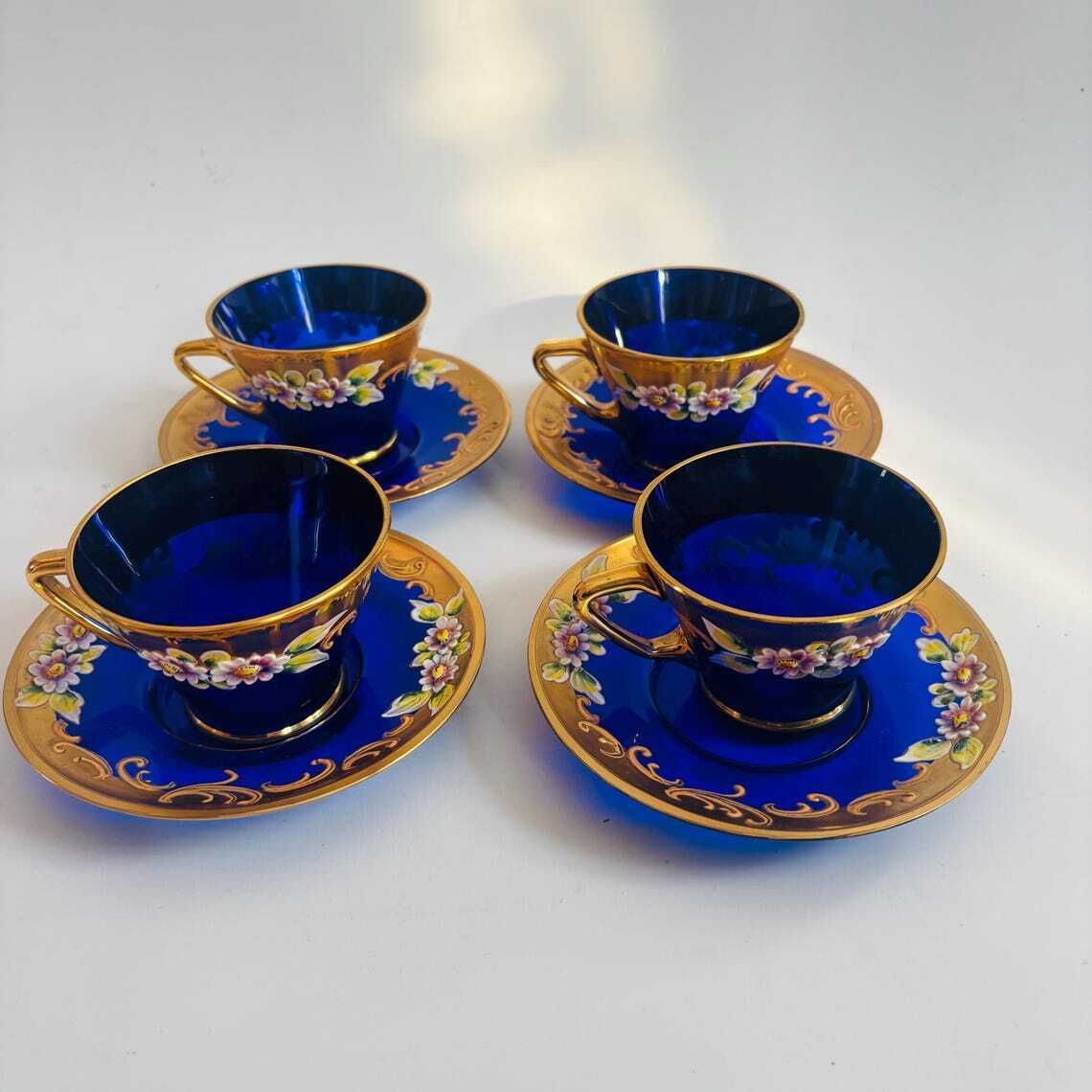 photo for sale Vintage Venetian Italian Murano Cobalt Blue Glass Tea Cups & Saucers | 24k Gold Floral Enamel