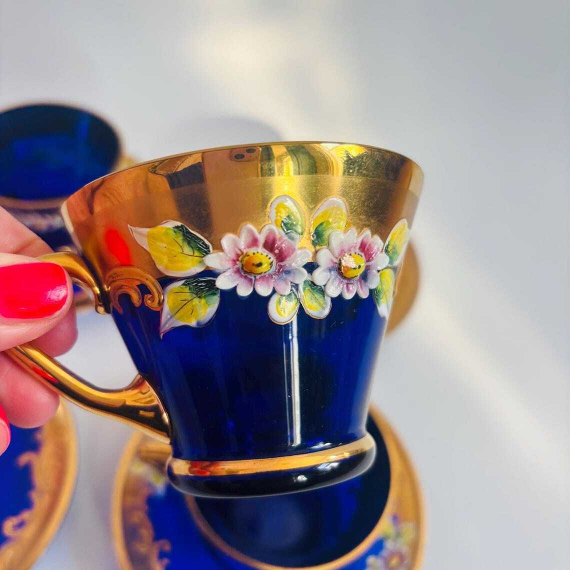 220.0 Vintage Venetian Italian Murano Cobalt Blue Glass Tea Cups & Saucers | 24k Gold Floral Enamel photo