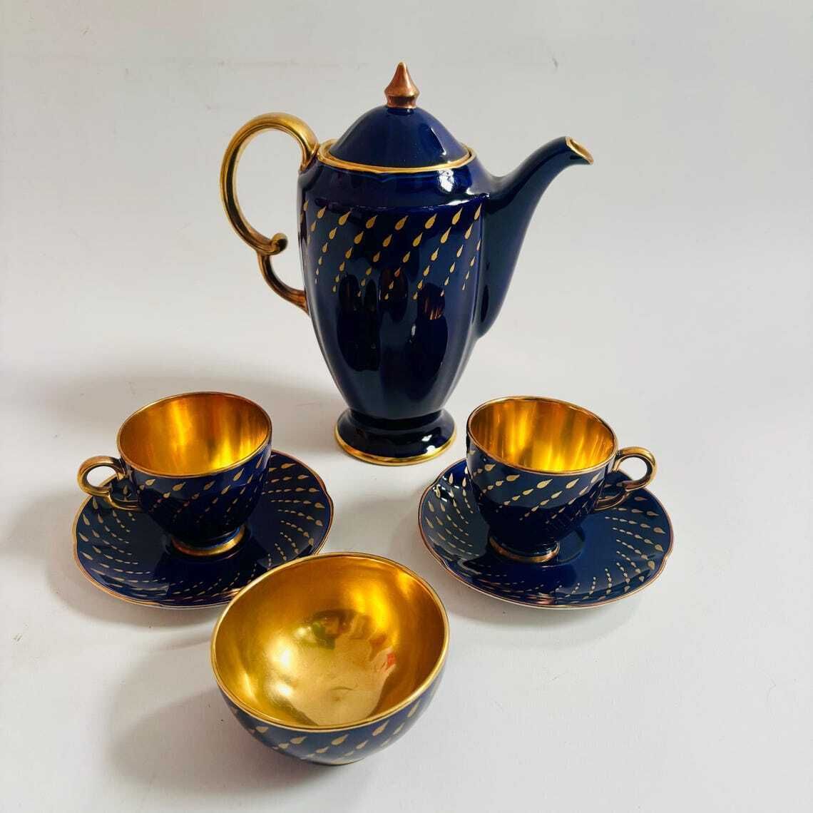 Rare Art Deco Crown Devon Fieldings Cobalt & 24k Gold Teardrop Coffee Service photo vintage