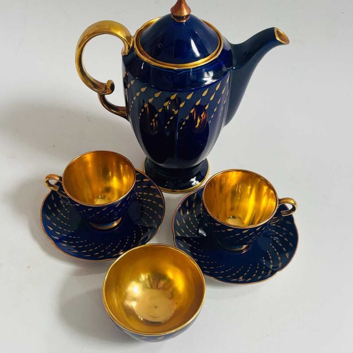 Home Decor Rare Art Deco Crown Devon Fieldings Cobalt & 24k Gold Teardrop Coffee Service photo