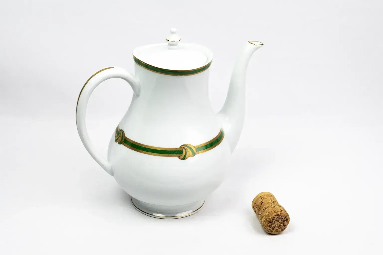 Christofle Paris  Green Ribbon Porcelain Teapot  Green And Gold Enamel Decoration