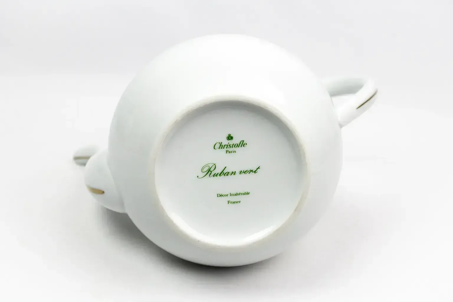 150.0 Christofle Paris  Green Ribbon Porcelain Teapot  Green And Gold Enamel Decoration photo