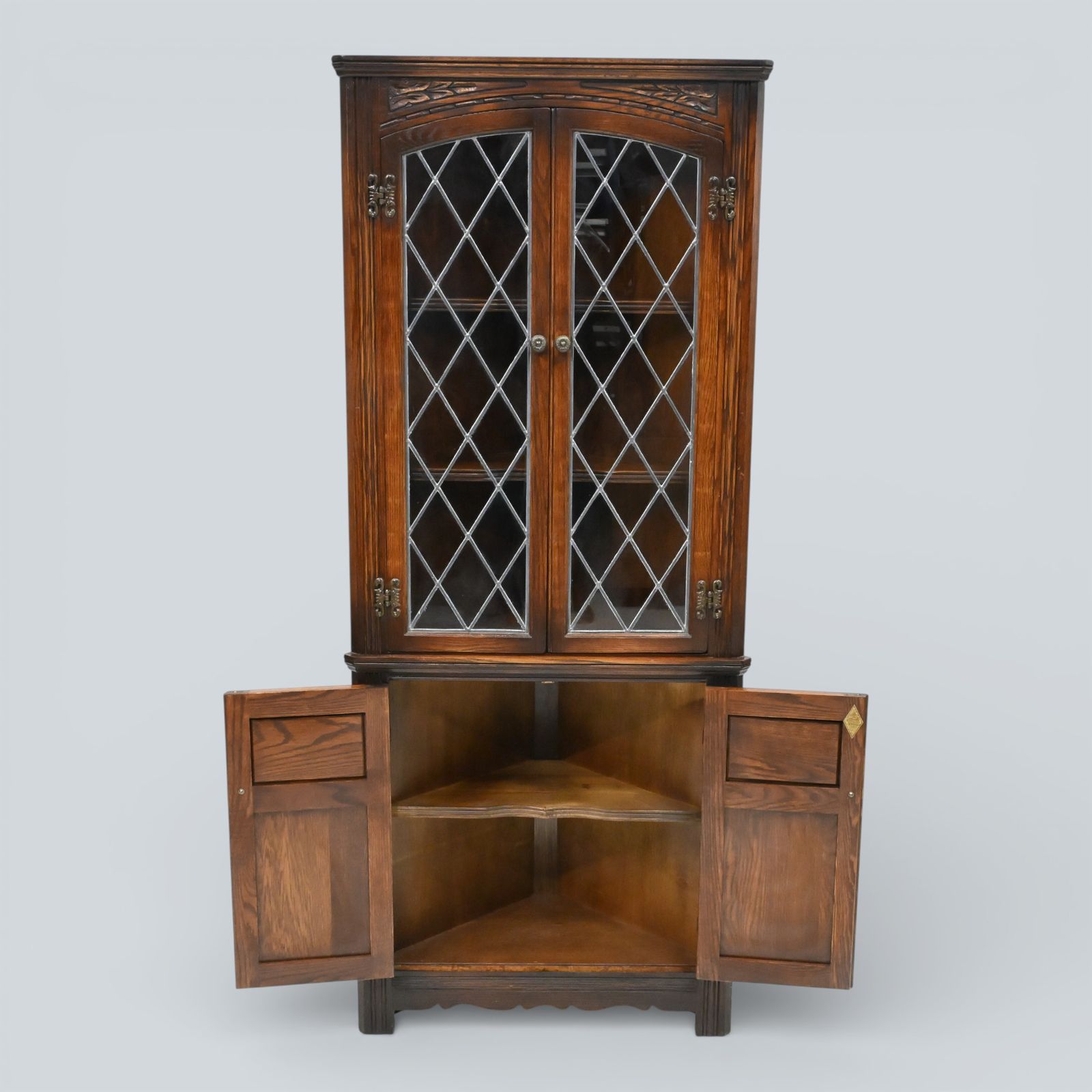 photo furniture Old Charm Corner Display Cabinet Leaded Glass Doors Tudor Brown Free Uk Delivery