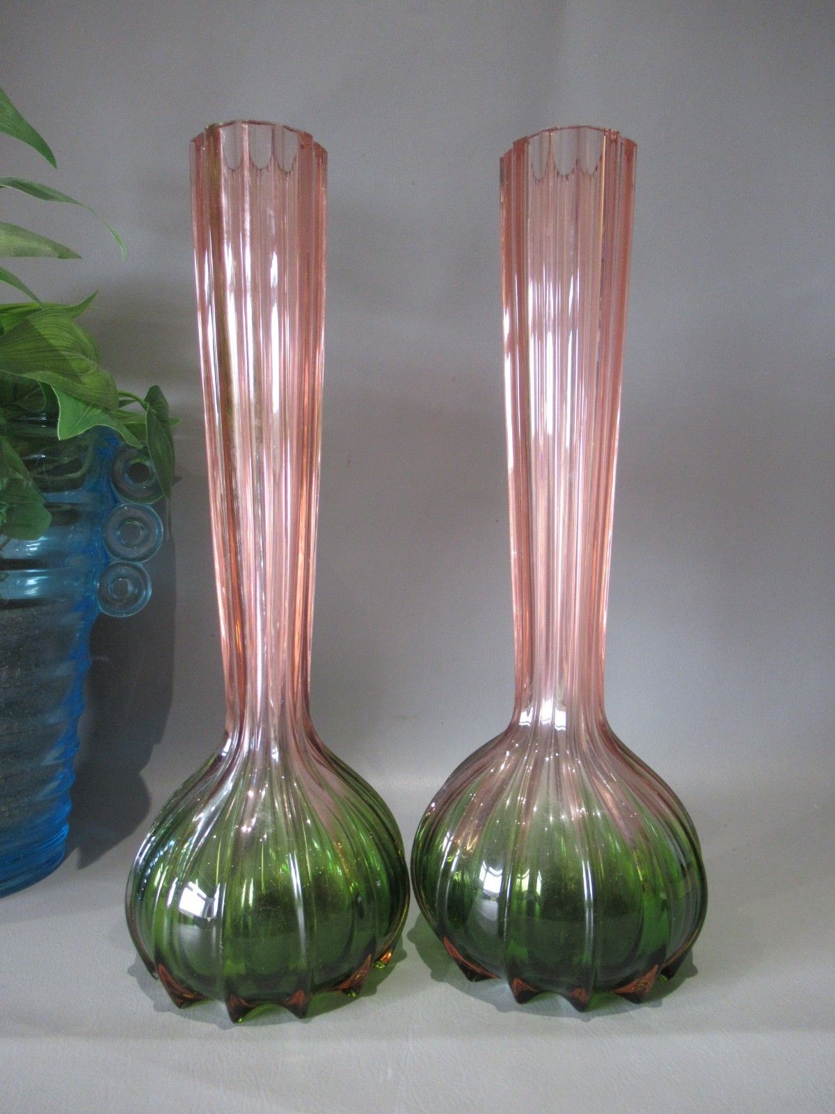 Art Nouveau Pair Rubina Verde 1920s Glass Vases Soliflore French Bohemian photo furniture