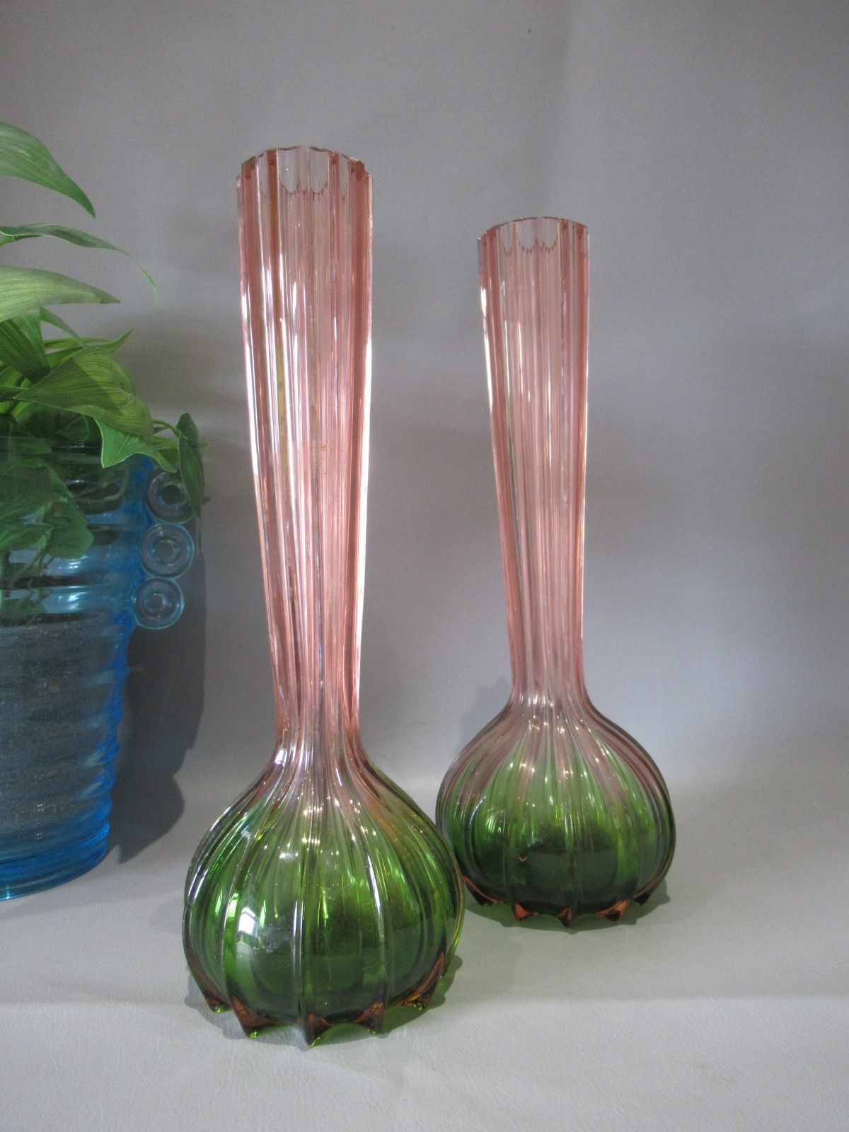 photo for sale Art Nouveau Pair Rubina Verde 1920s Glass Vases Soliflore French Bohemian
