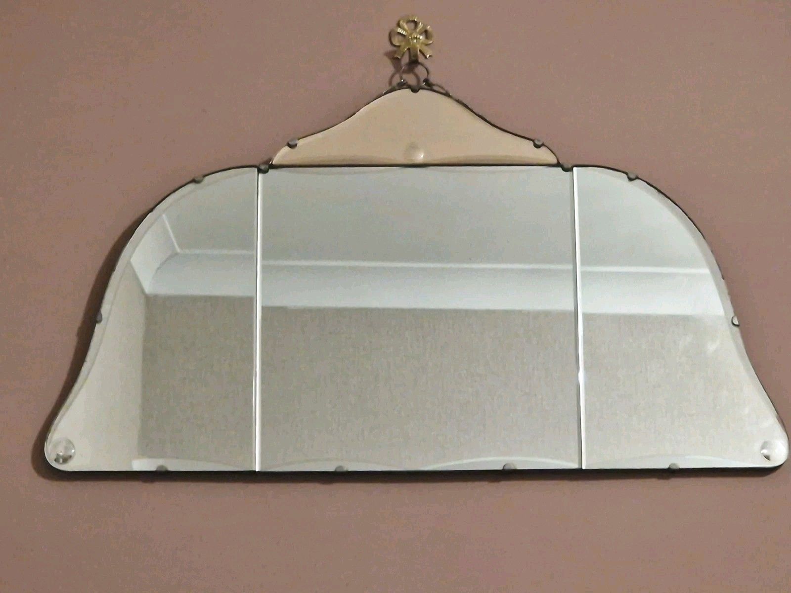 Deco 30s Peach Wall Mirror Wooden Back Og Chain Bevelled Edge Citcle Detail