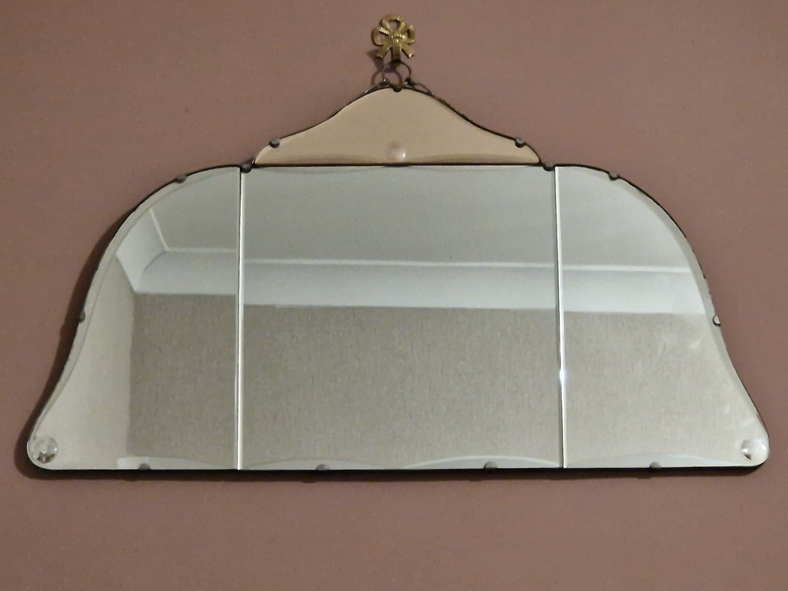 Deco 30s Peach Wall Mirror Wooden Back Og Chain Bevelled Edge Citcle Detail photo for sale