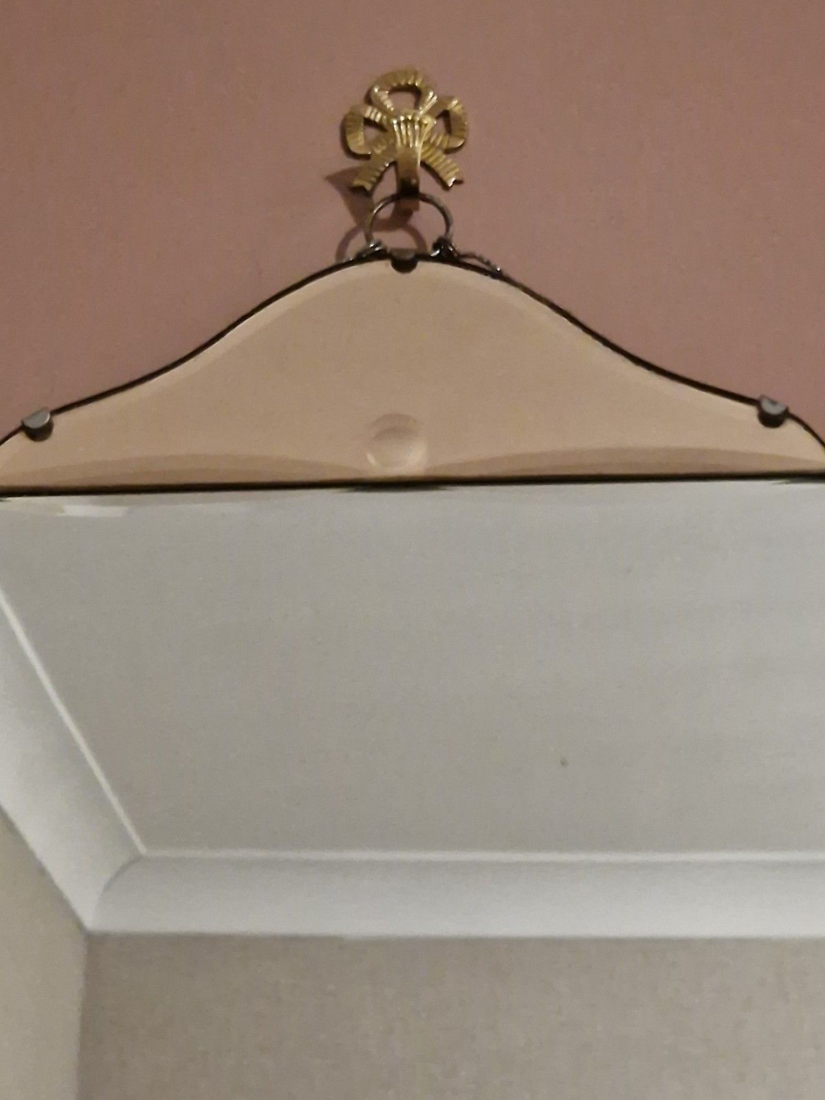 Deco 30s Peach Wall Mirror Wooden Back Og Chain Bevelled Edge Citcle Detail photo vinterior