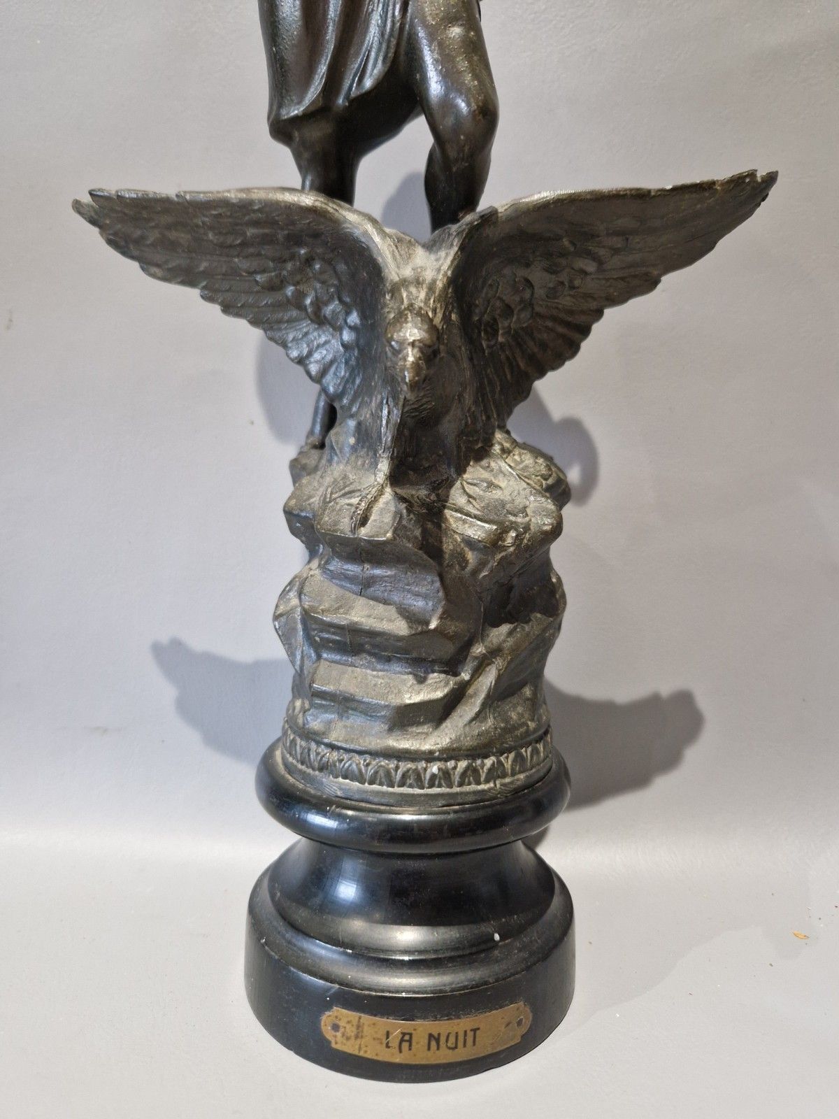 Antique Spelter French Title La Nuit Statue Man On Eagle Wooden Base photo furniture