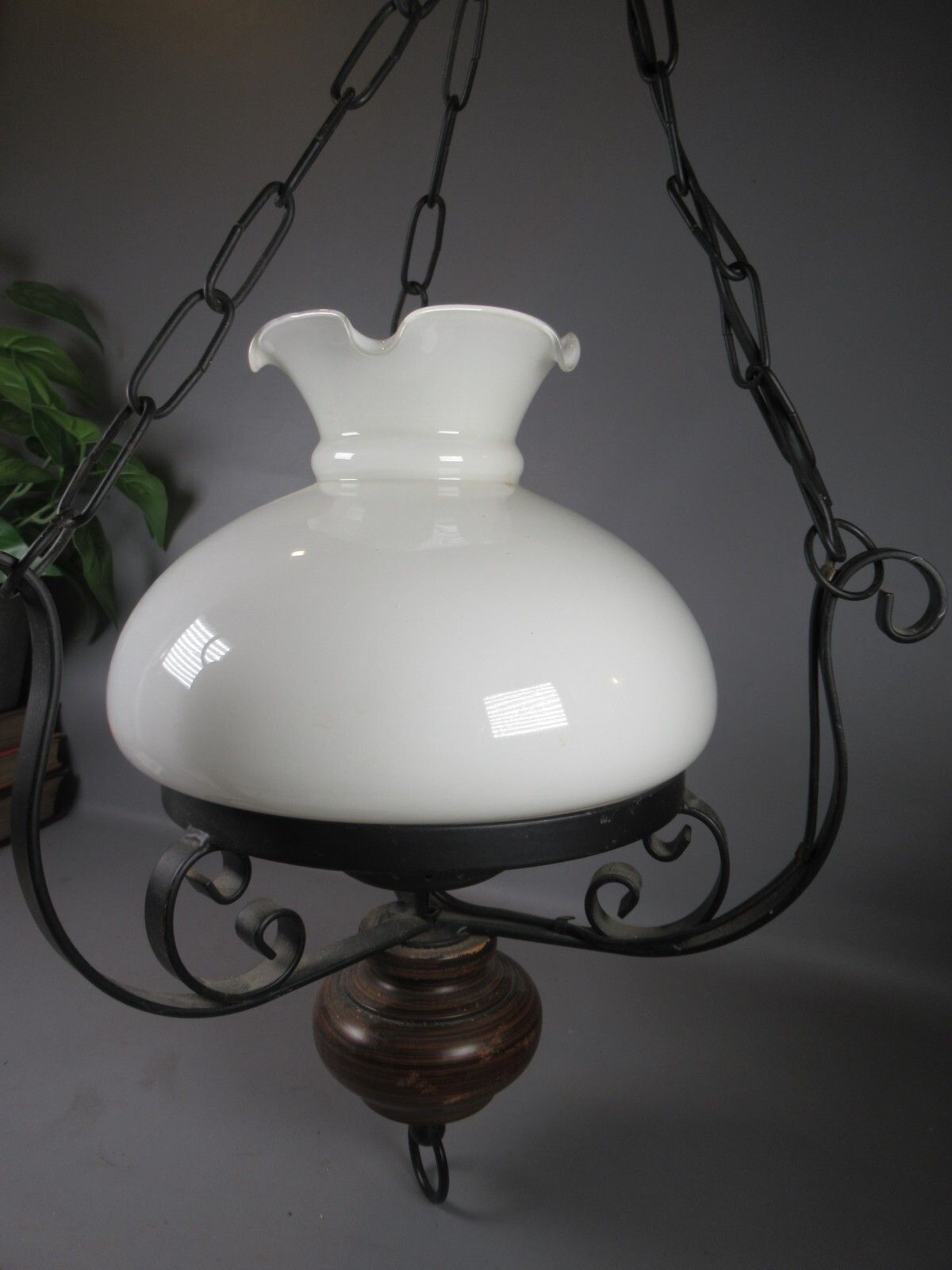 Vintage Electric Ceiling Oil Lanterns Black Metal Wooden Finial White Shade photo for sale