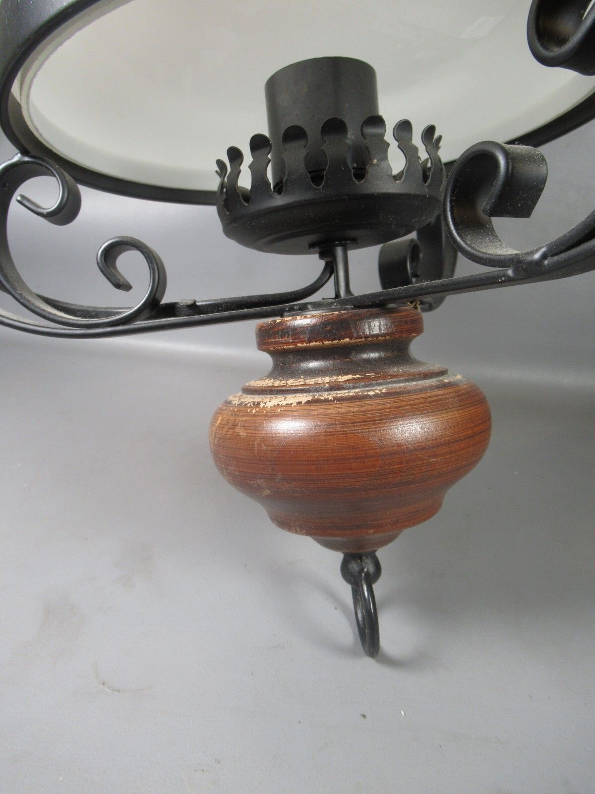 Vintage Electric Ceiling Oil Lanterns Black Metal Wooden Finial White Shade photo vinterior