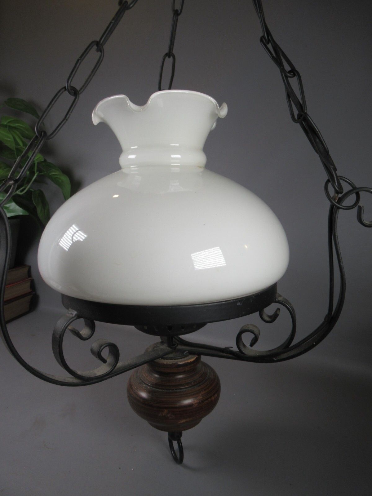 70.0 Vintage Electric Ceiling Oil Lanterns Black Metal Wooden Finial White Shade photo