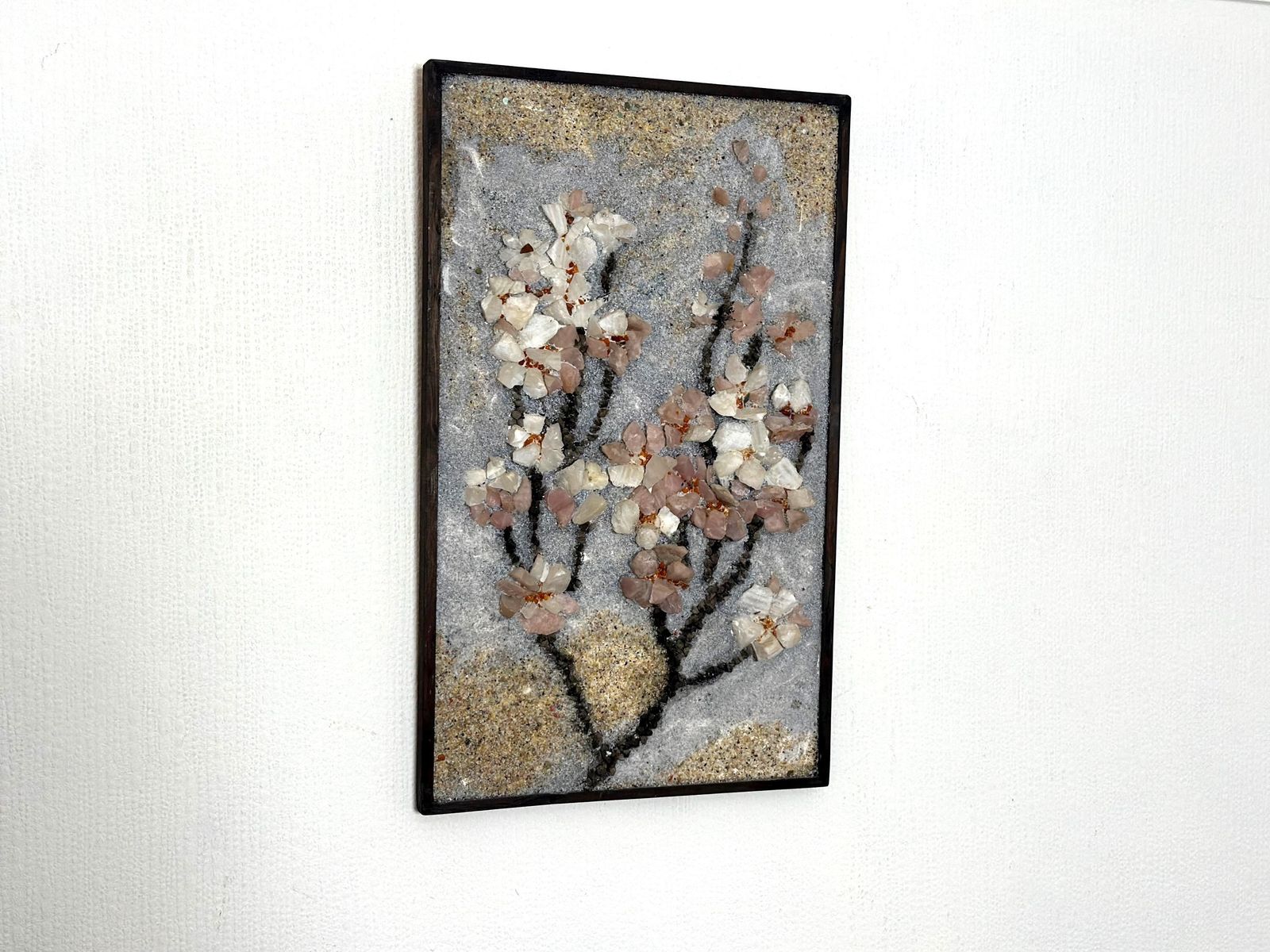 Original Swedish Stone Work On Panel – “äppelblom” (Apple Blossom)  By Olga Aue‑Birkfeldt – 1981 – Framed – 52 × 32 Cm (20.5" × 12.6")