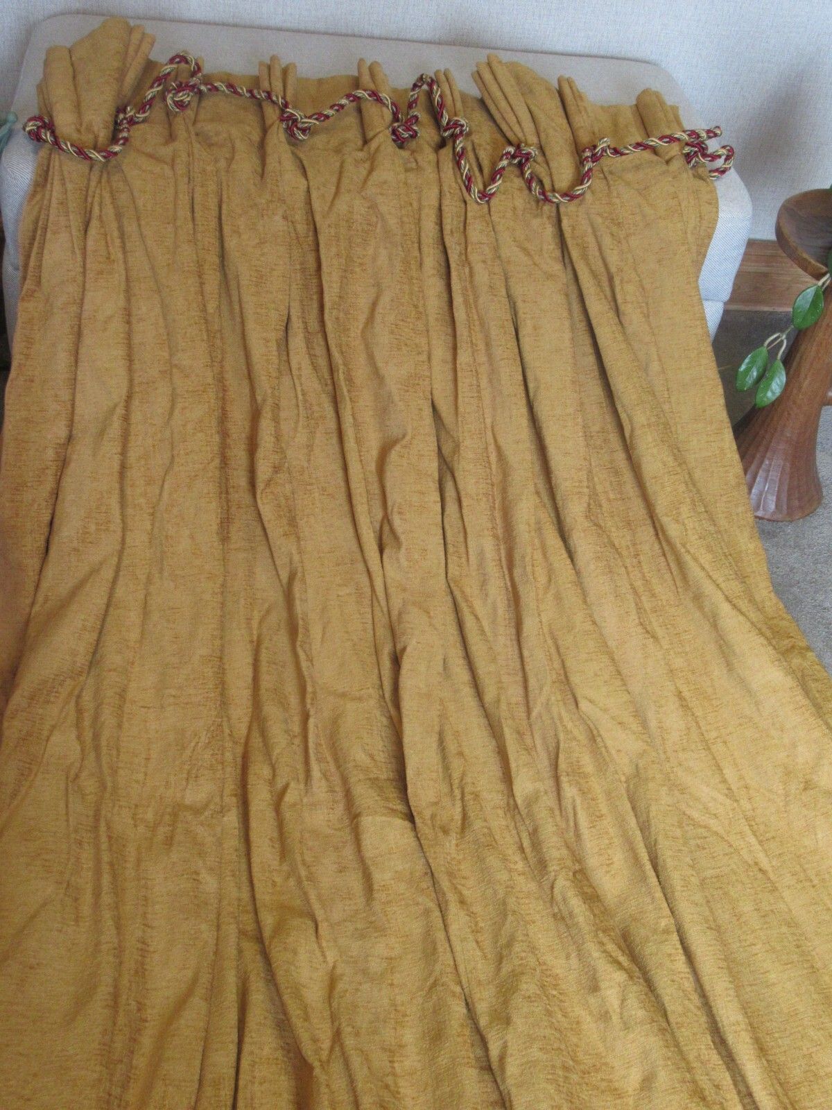 Vintage Pr Mustard Gold Chenille Fabric Country Curtains Pencil Pleat 44 X 85 In