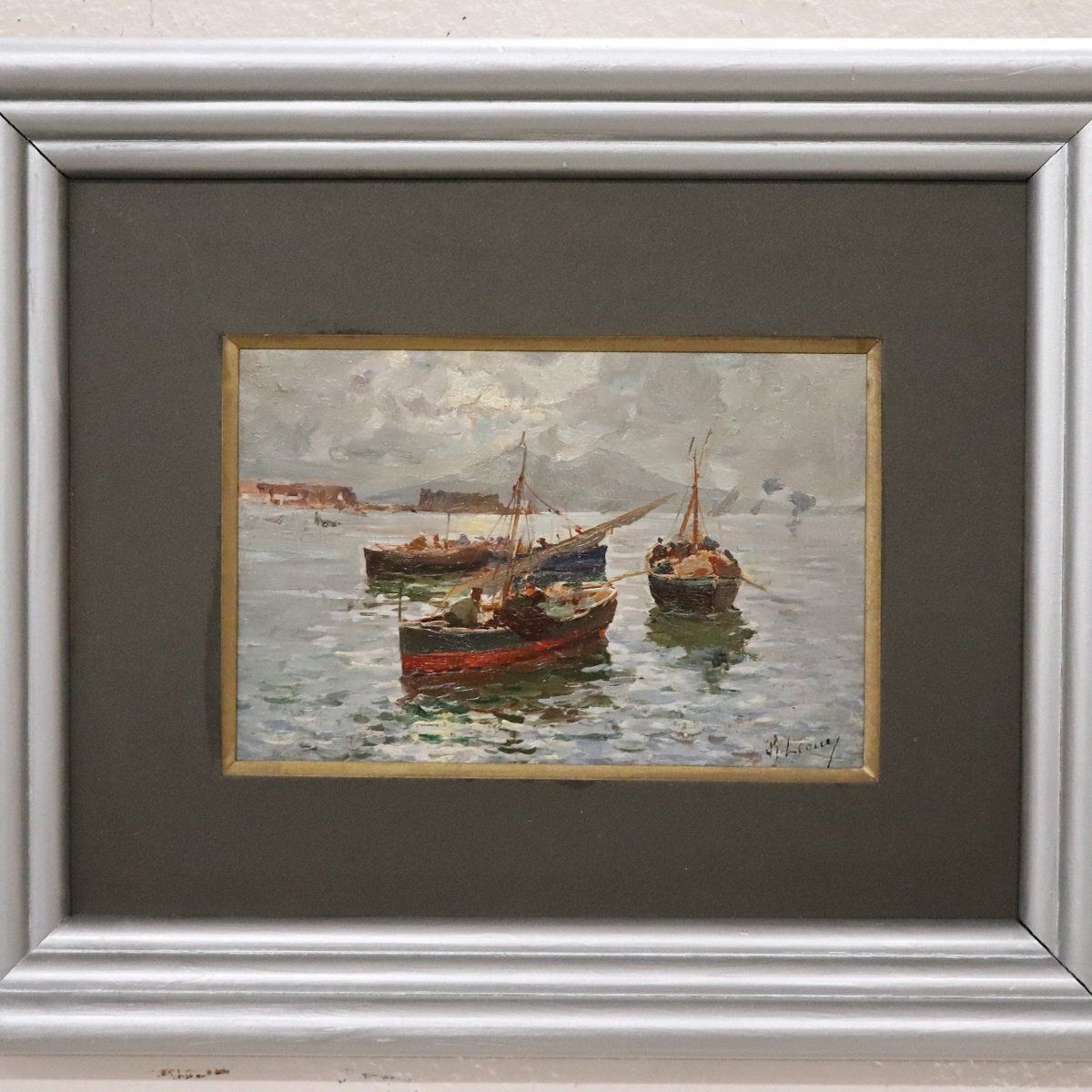 R. Leone, Gulf Of Naples With Fishermen, Oil Painting On Board, Early 20th Century, Framed photo Art