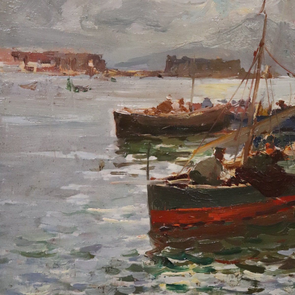 R. Leone, Gulf Of Naples With Fishermen, Oil Painting On Board, Early 20th Century, Framed photo 1186.0