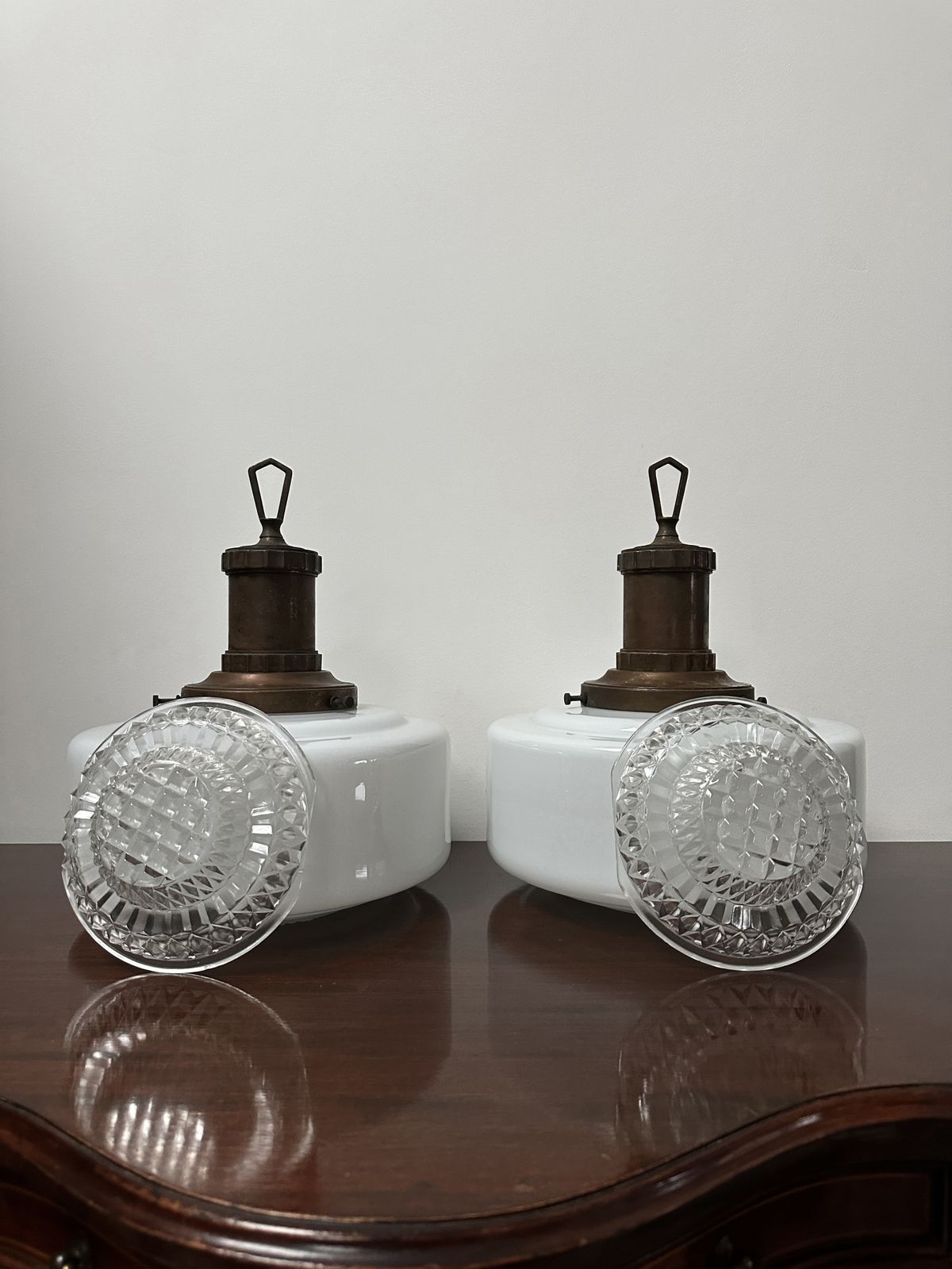 Pair Set Antique English Church Diffused Opaline Milk Glass Ceiiling Pendant Light Lamp By Morco photo vinterior