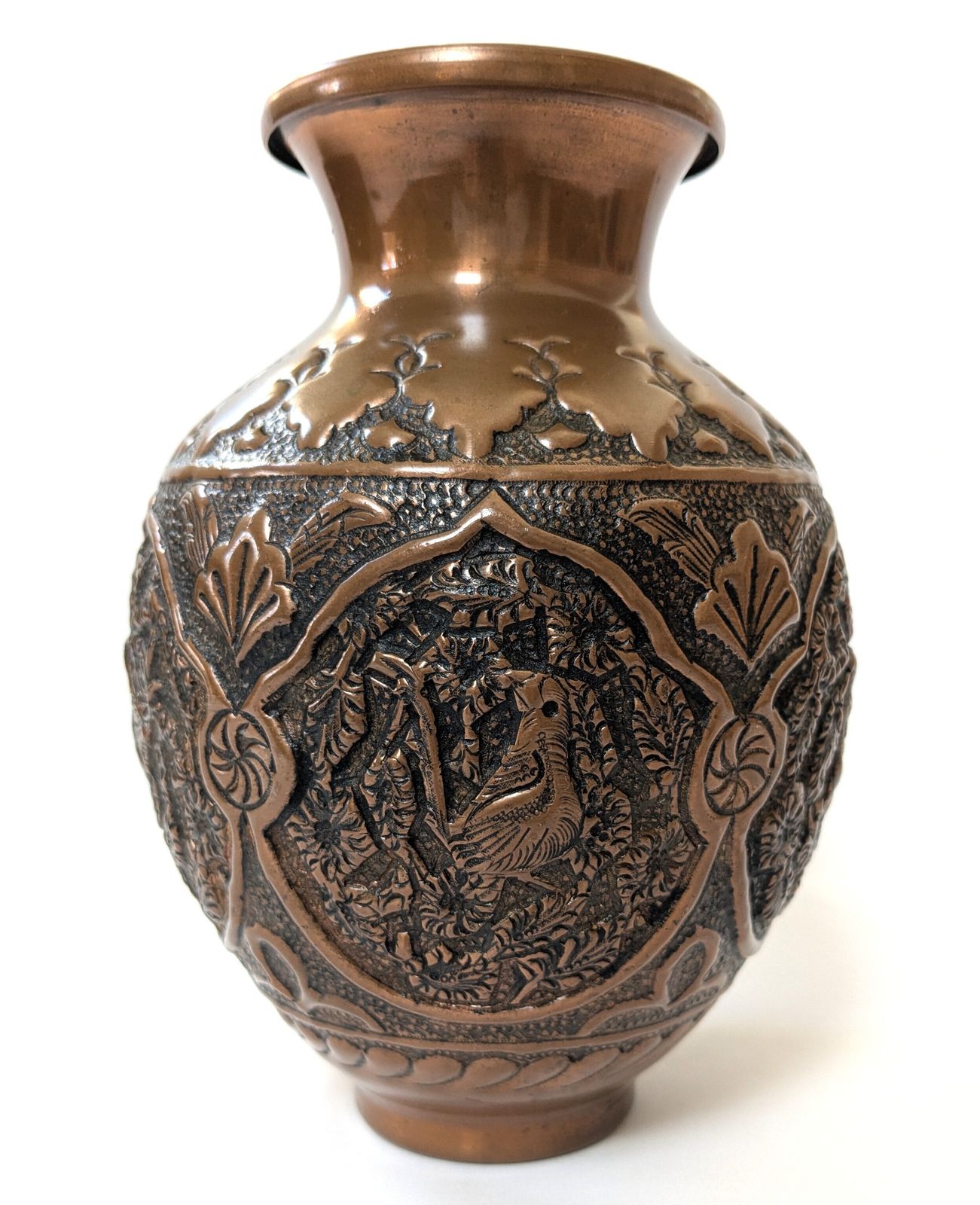 Antique Islamic Qajar Ghulamzani Carved Copper Vase photo for sale