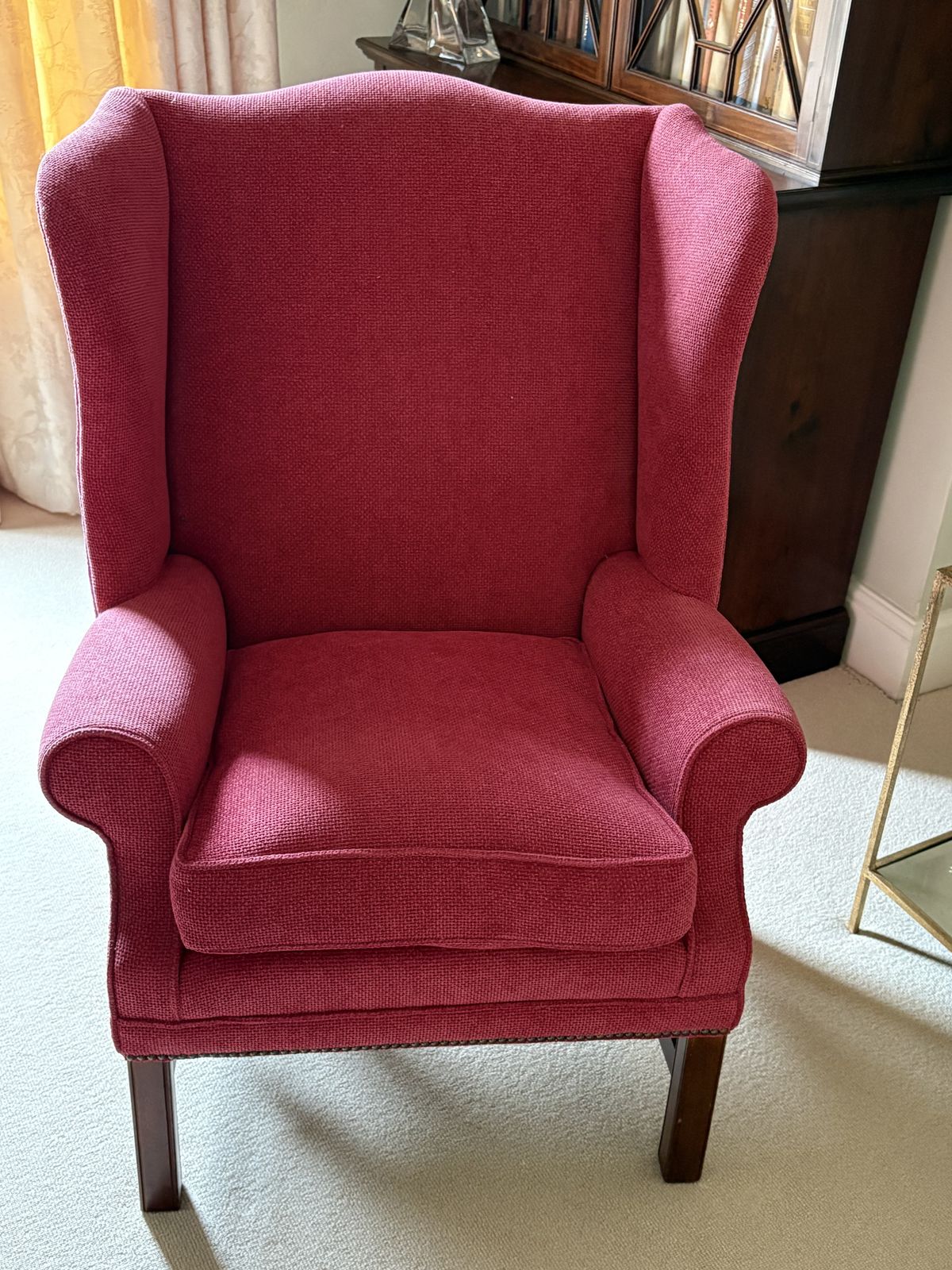Chenille Raspberry Pink Wing Chair. In Perfect Condition. Various Scatter Cushions In Similar Colours To Match. Available Separately. photo furniture