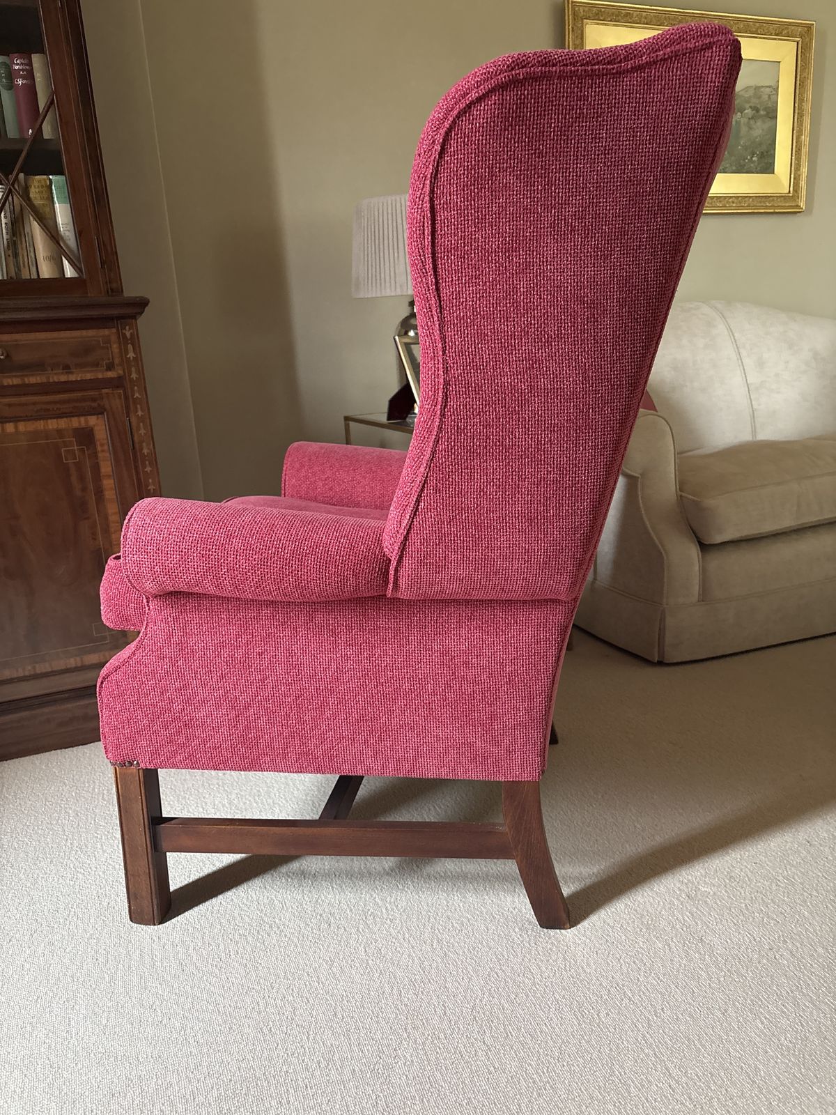 Chenille Raspberry Pink Wing Chair. In Perfect Condition. Various Scatter Cushions In Similar Colours To Match. Available Separately. photo Furniture