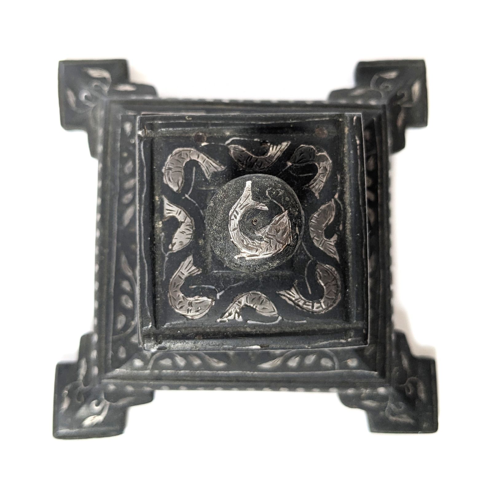 Antique Indian Lucknow Bidriware Sterling Silver Inlaid Decorated Inkwell photo vintage