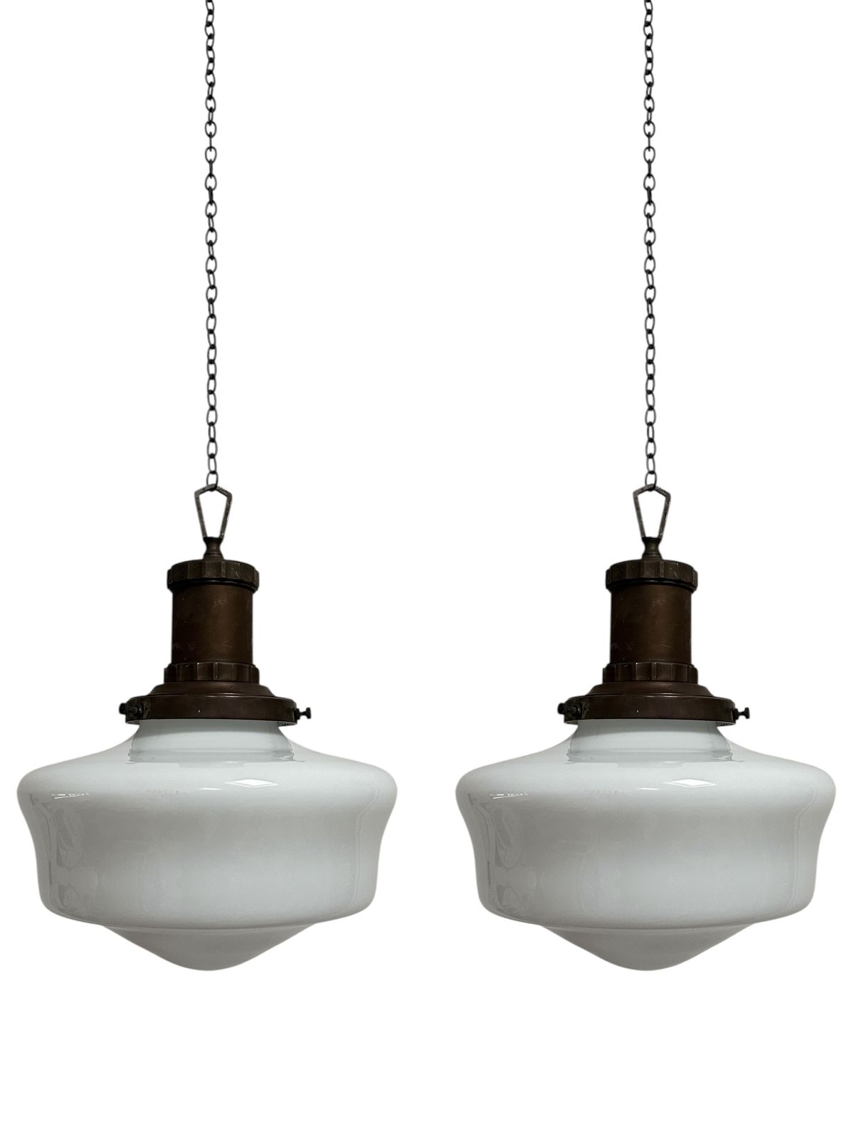 Set Run Antique Church Opaline Milk Glass Ceiling Pendant Light Lamp By Morco photo for sale
