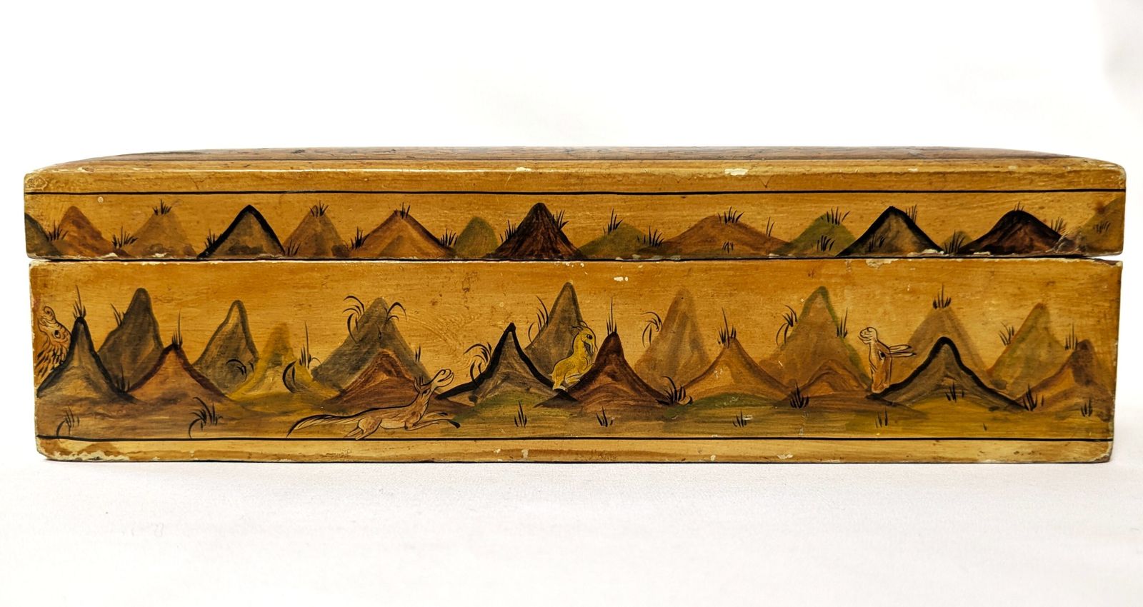 Vintage Islamic Wooden Jewellery Box With Hand Painted Calligraphy And Scenes From Kashmir photo vinterior