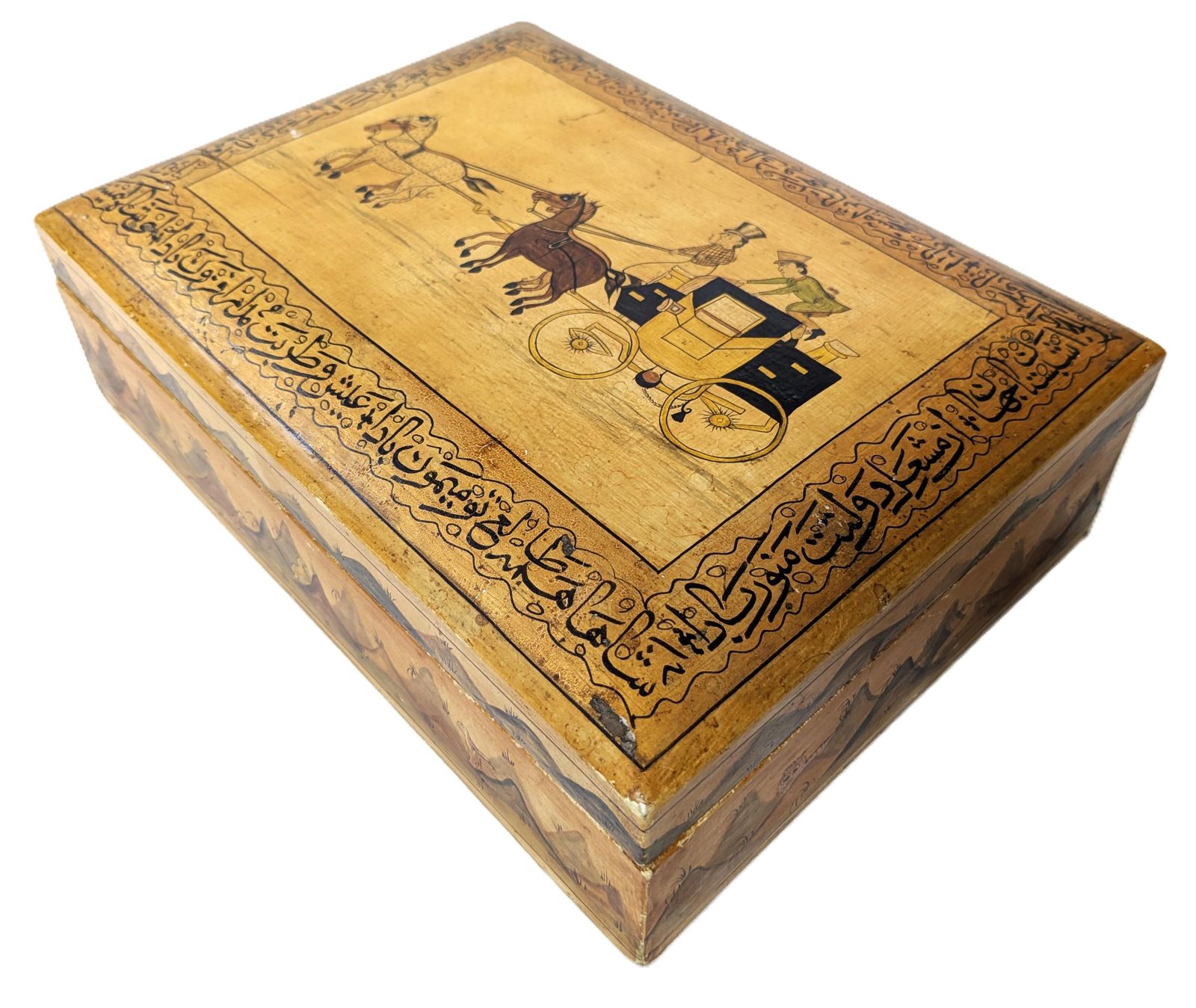 photo vinterior Vintage Islamic Wooden Jewellery Box With Hand Painted Calligraphy And Scenes From Kashmir