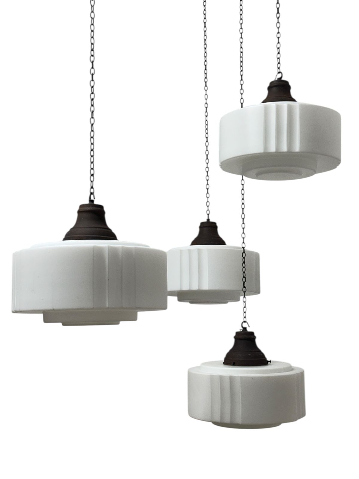 Run Set Large Antique Church Stepped Satin Opaline Milk Glass Ceiling Pendant Light Lamp