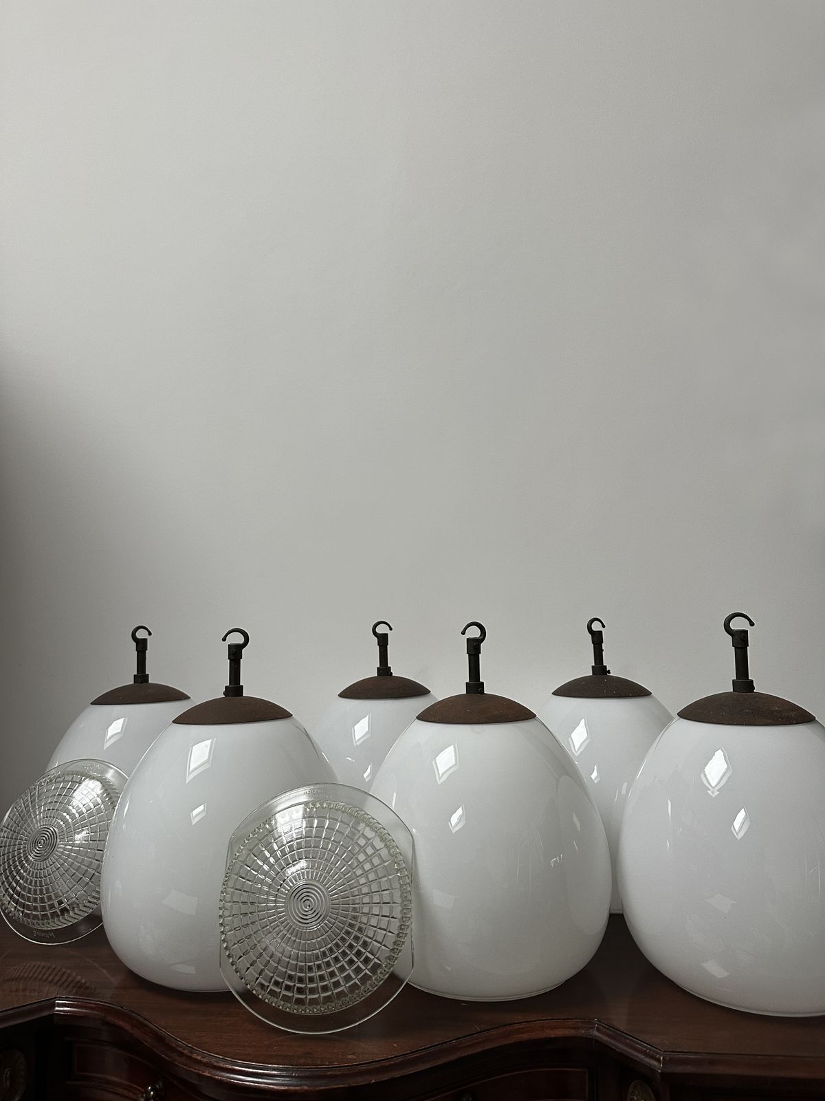 Set Run Antique Church Diffused Opaline Tulip Shaped Milk Glass Ceiling Pendant Light Lamp By Sunglow photo Lighting