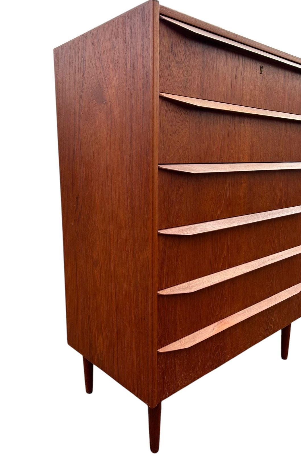 Danish Teak Chest Of Drawers Scalloped Handles Mid Century Tallboy 1960s photo vintage