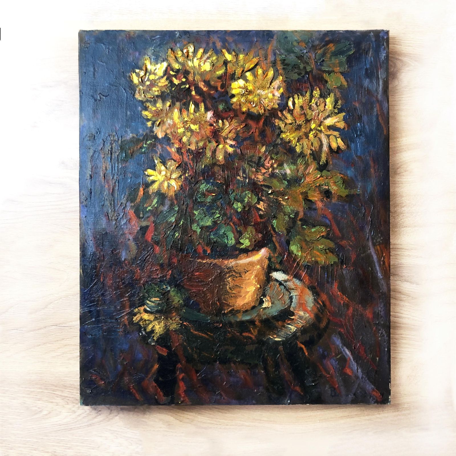 Original Mid Century Oil Painting: Yellow Chrysanthemums In Terracotta Pot