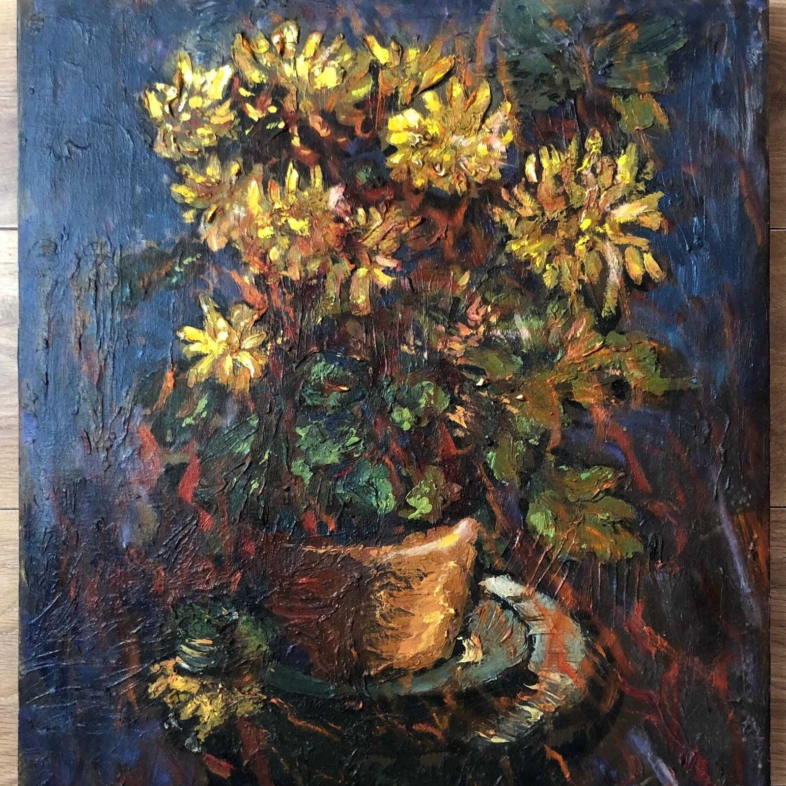 Original Mid Century Oil Painting: Yellow Chrysanthemums In Terracotta Pot photo furniture