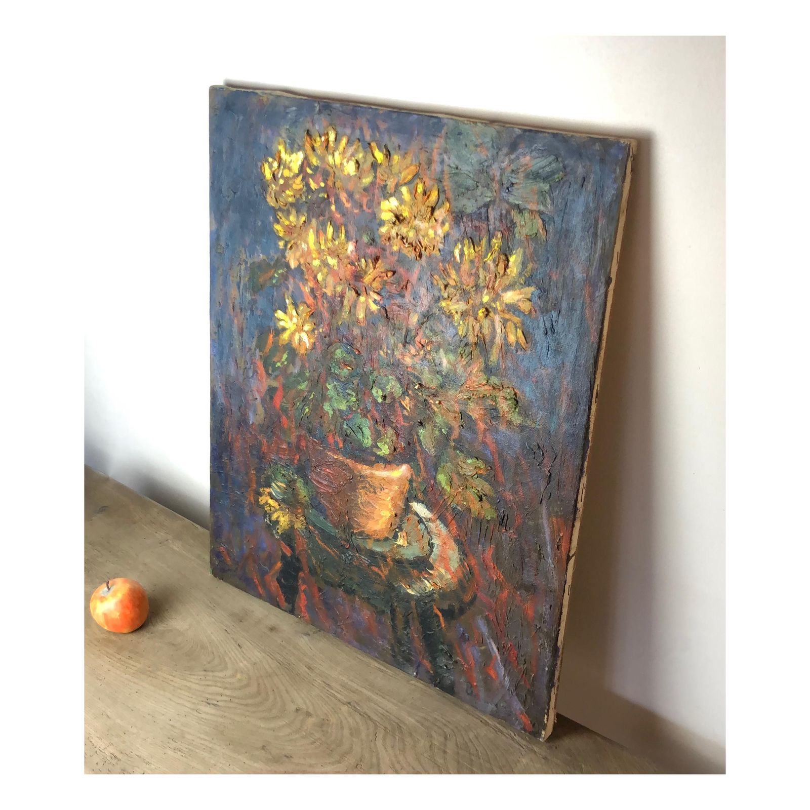 Original Mid Century Oil Painting: Yellow Chrysanthemums In Terracotta Pot photo Art