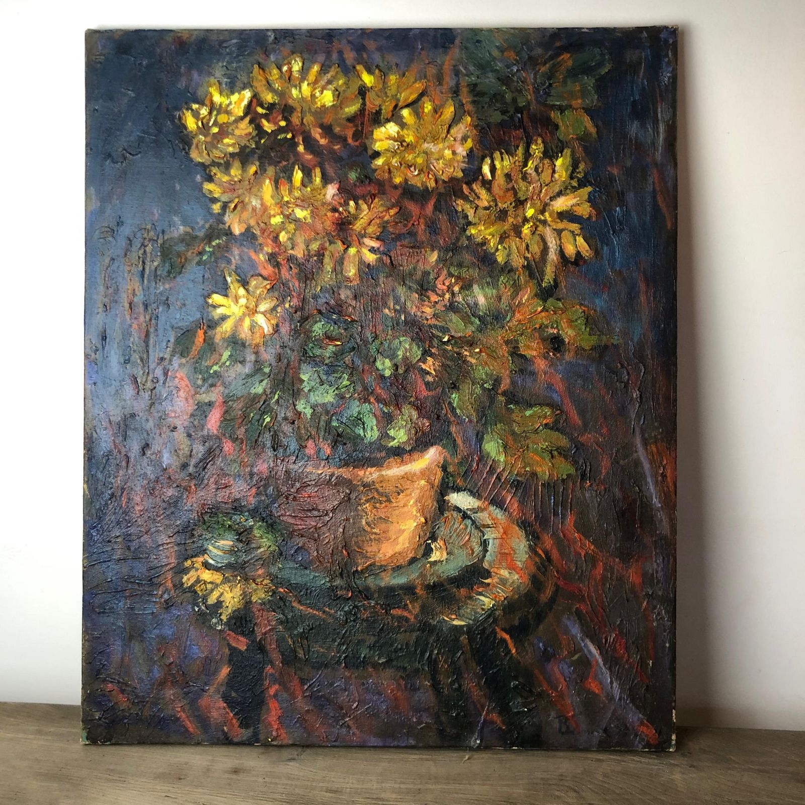 Original Mid Century Oil Painting: Yellow Chrysanthemums In Terracotta Pot photo vinterior
