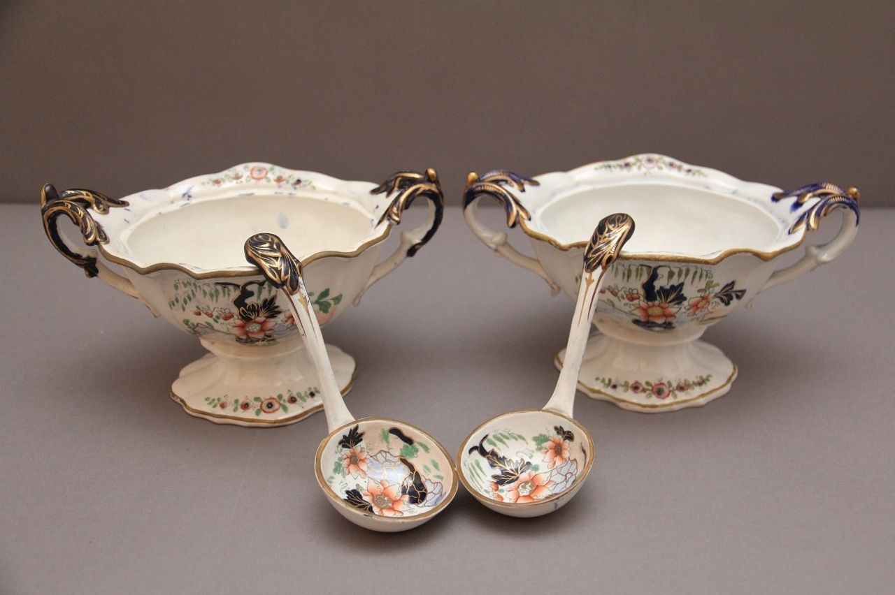 Pair 19th Century Masons Ironstone Sauce Tureens With Ladles photo for sale