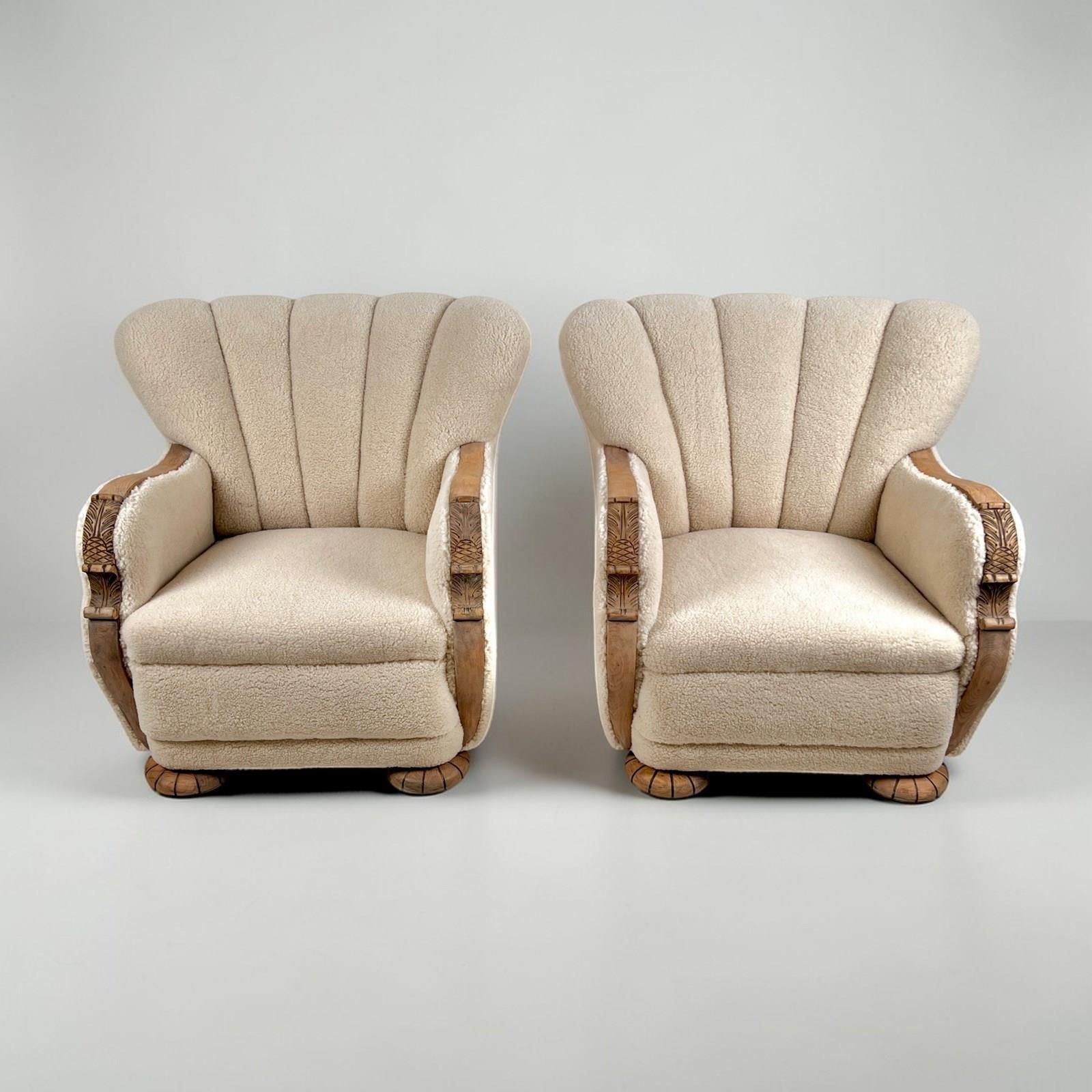Pair Of Danish Art Deco Scallop Back Armchairs, Upholstered In Sherpa Wool photo for sale