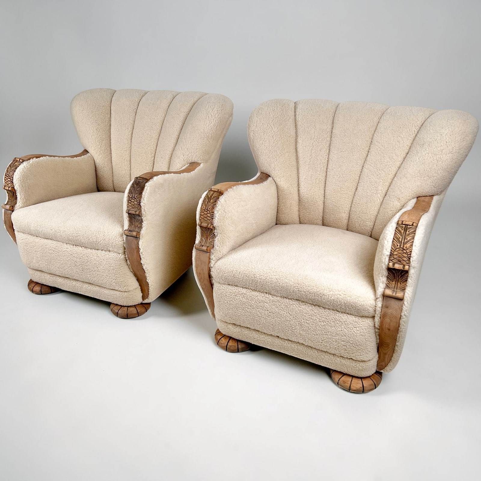 Pair Of Danish Art Deco Scallop Back Armchairs, Upholstered In Sherpa Wool photo vintage