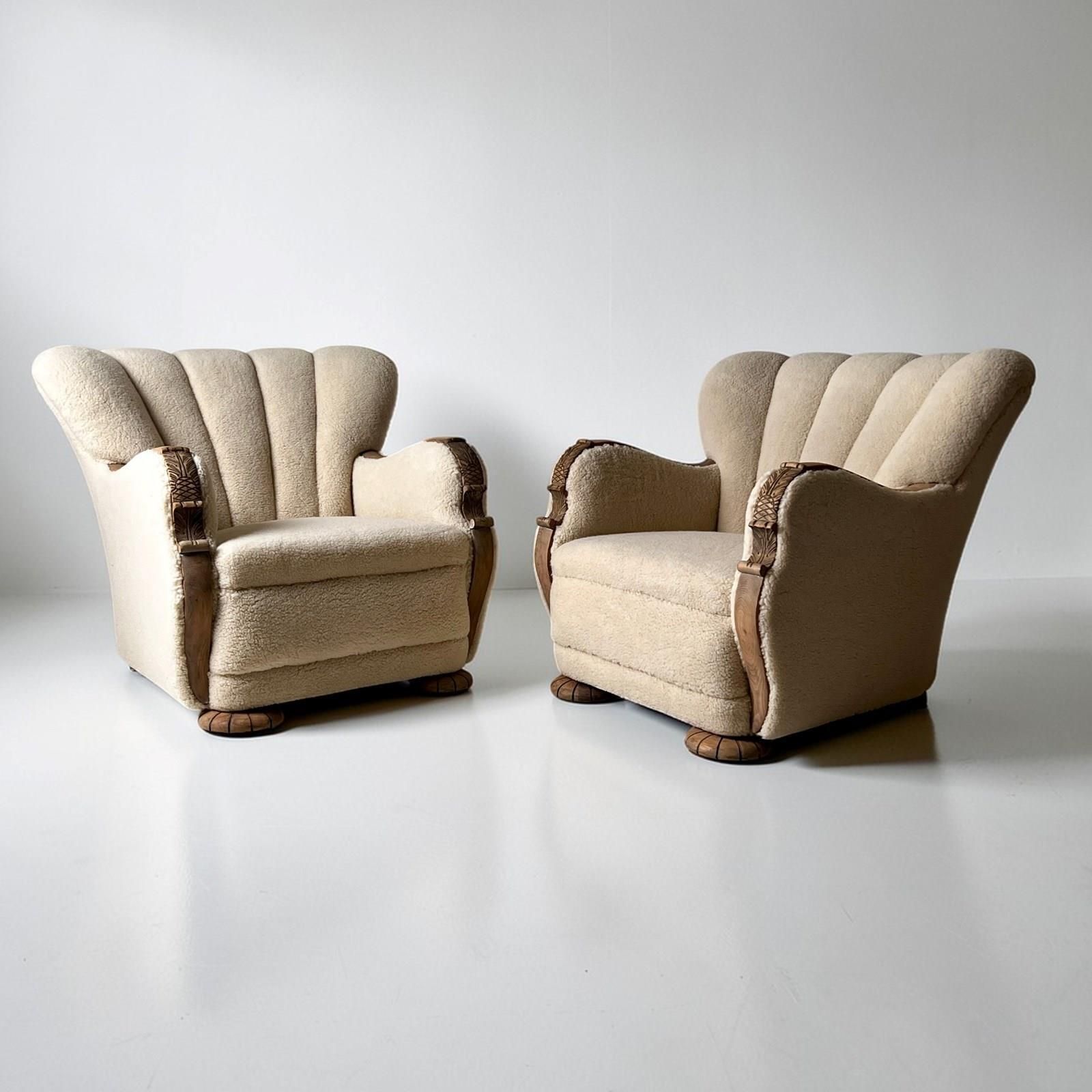 photo furniture Pair Of Danish Art Deco Scallop Back Armchairs, Upholstered In Sherpa Wool
